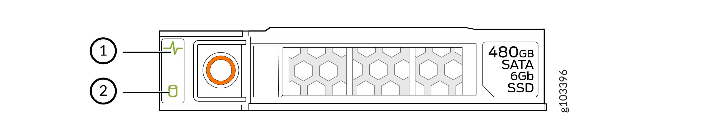 480GB SATA SSD diagram showing labeled components: status indicator LED for operational status and eject mechanism for device removal.