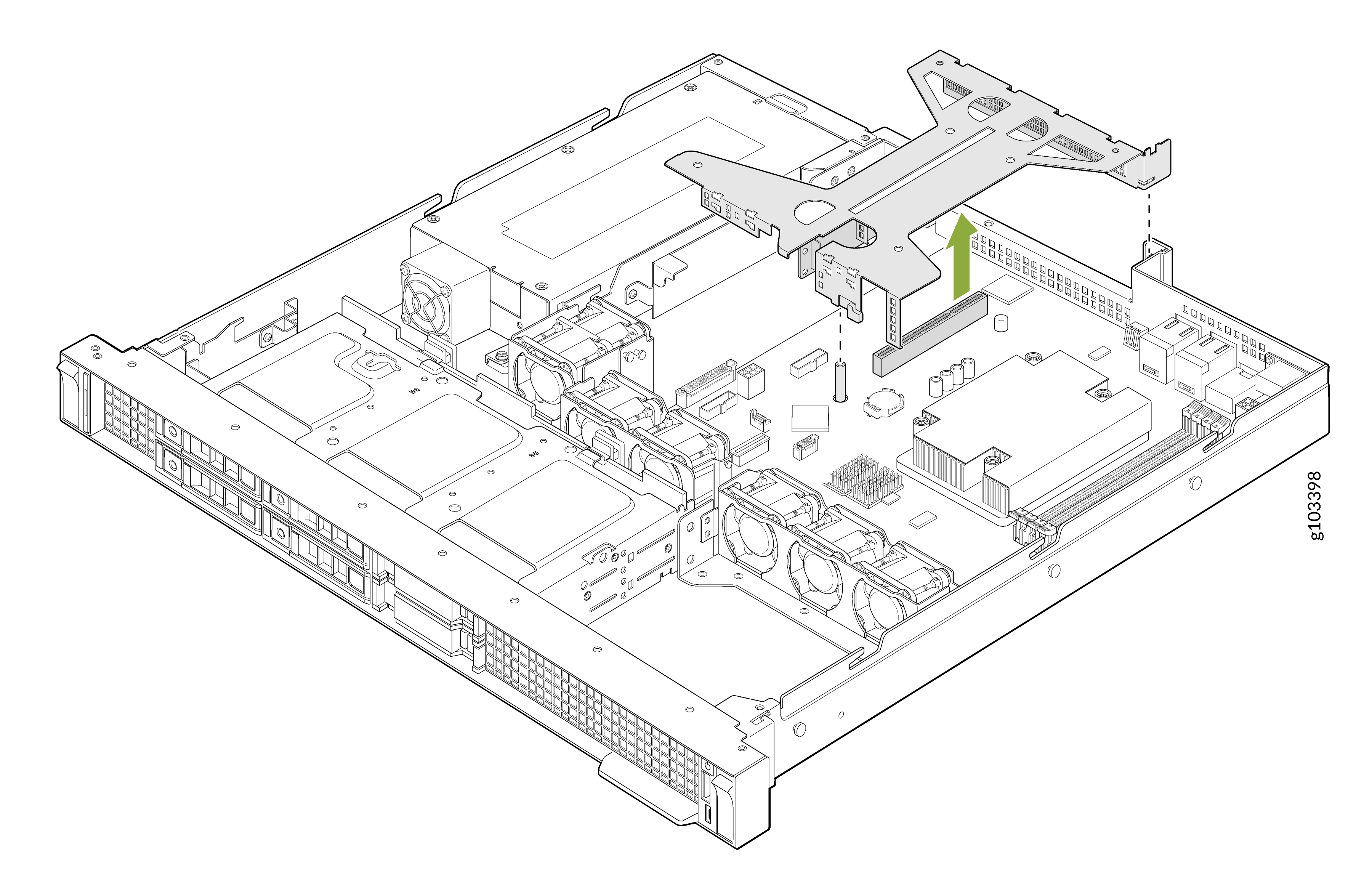 Technical illustration showing server components including cooling fans, drive bays, and motherboard. A green arrow indicates removing or installing a metal bracket for securing parts.