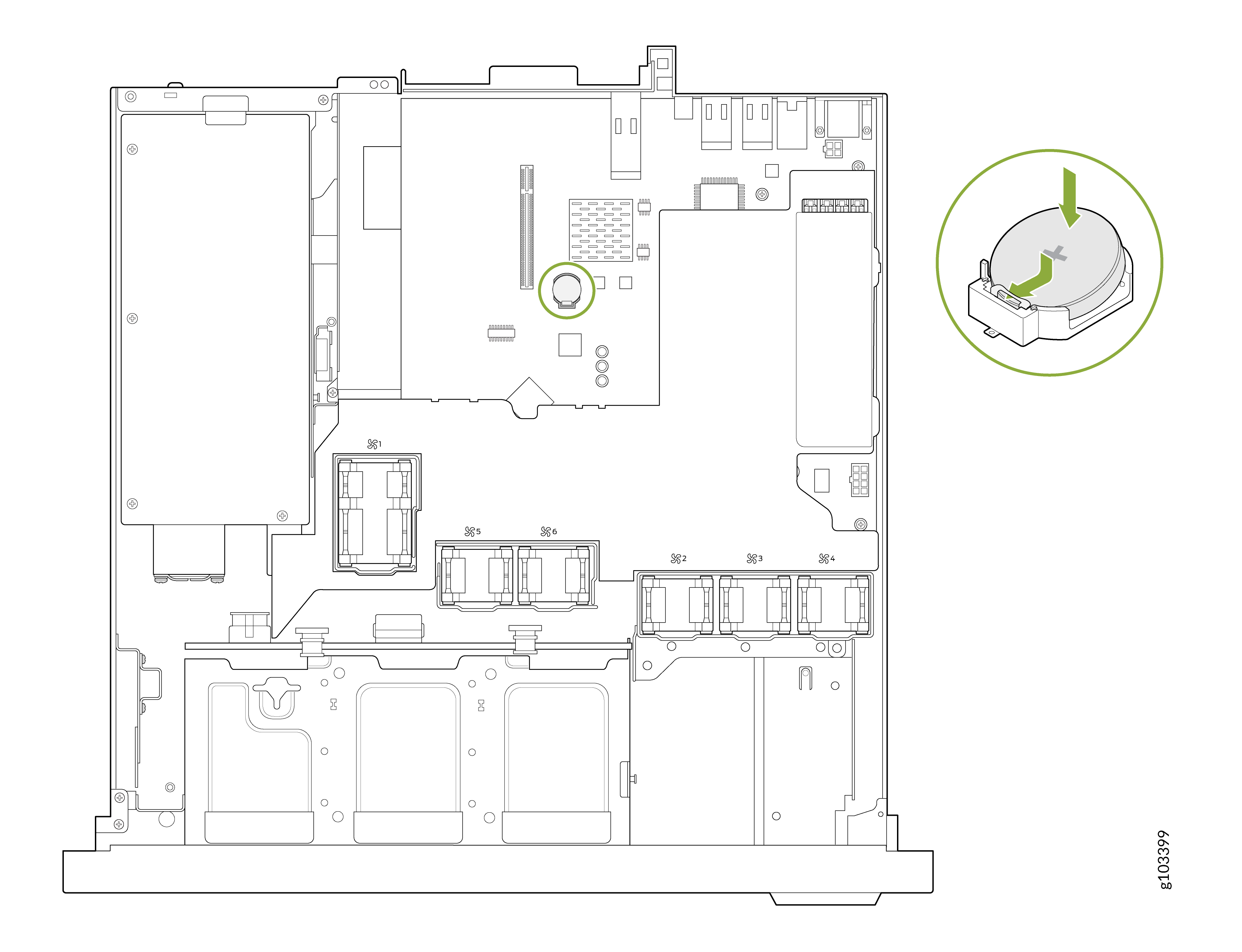 Internal layout of a computer chassis showing motherboard, expansion slots, drive bays, and a zoomed detail of CMOS battery installation.