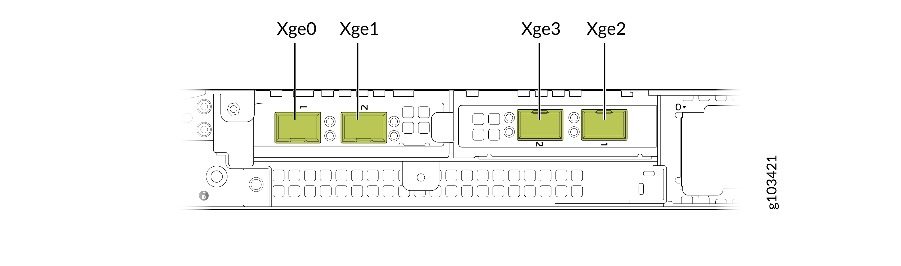 Diagram showing rear view of network device with ports labeled Xge0, Xge1, Xge2, and Xge3 for high-speed connections.