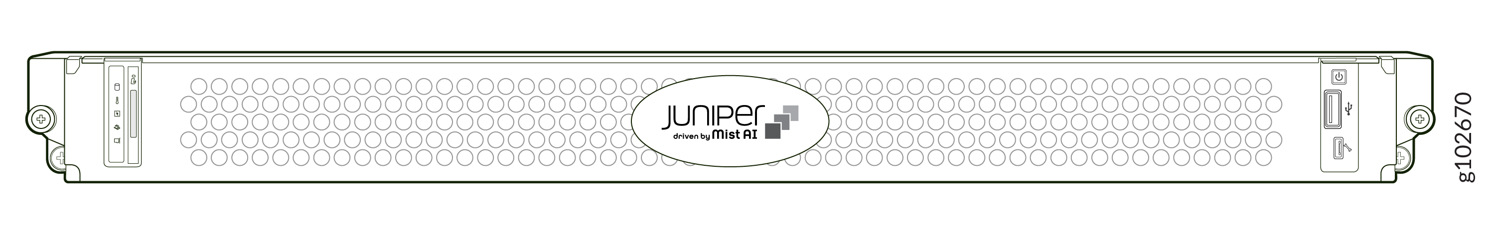 Juniper Networks rack-mounted device with Mist AI, featuring USB ports, power button, and 