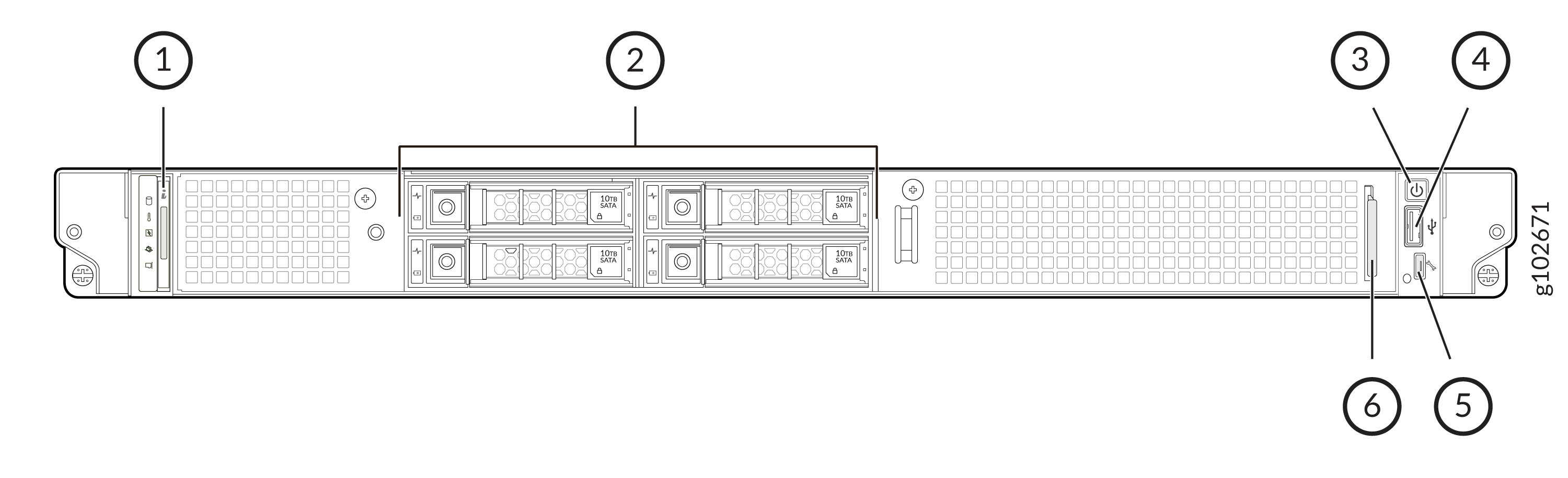 Front view diagram of a rack-mounted server with labeled components: status LEDs, 10TB SATA drive bays, power button, USB port, network activity LED, and identification button/LED.