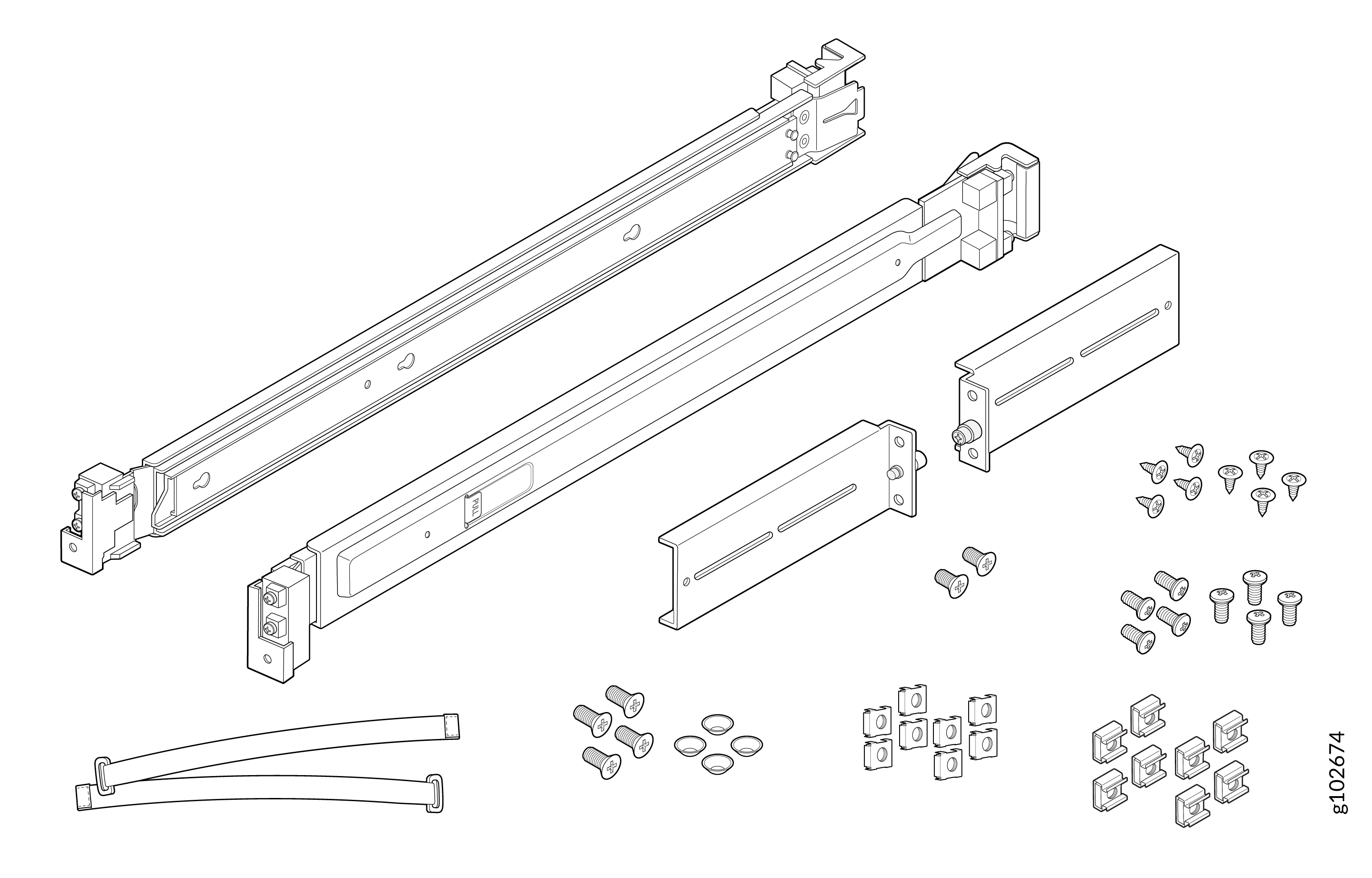 Exploded view of a rail kit assembly for mounting servers into a rack including rails, mounting brackets, screws, nuts, and cable management arms.