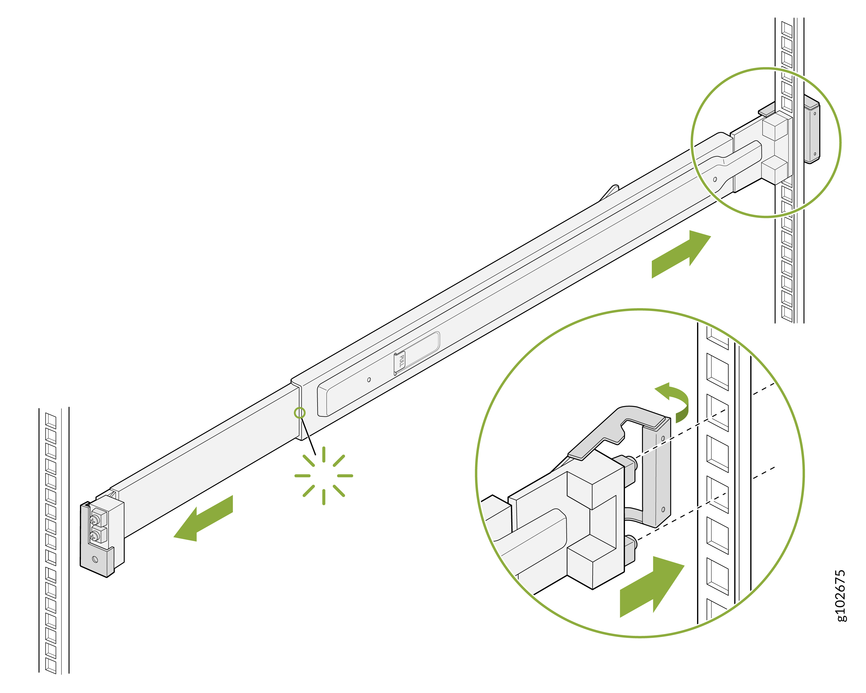 Rack-mounted rail system installation showing rail attachment to vertical rack posts with green arrows indicating movement and a green circle highlighting the locking mechanism.