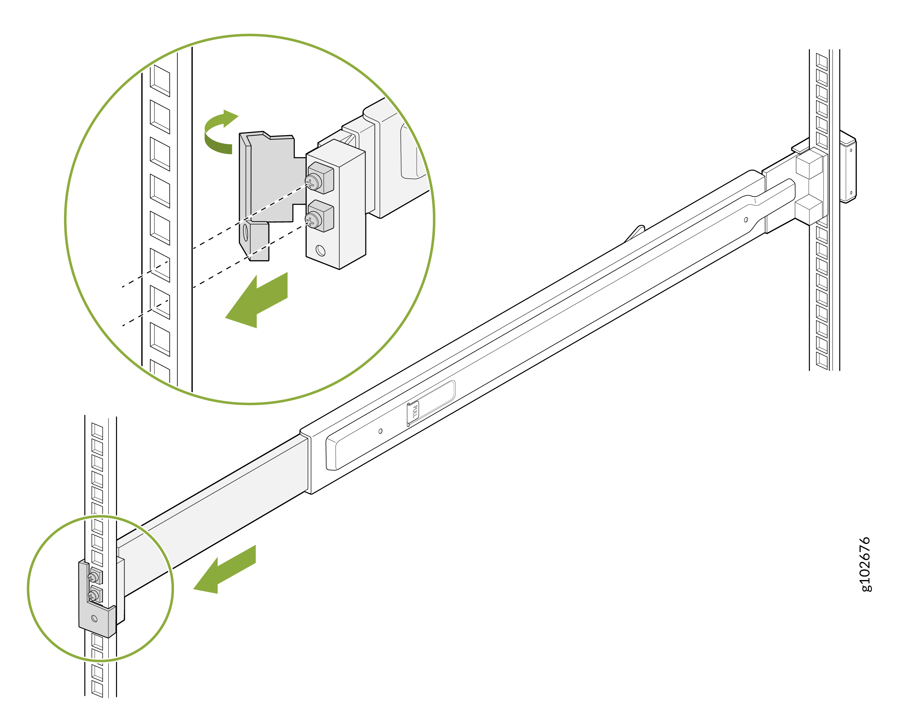 Technical illustration of a rack-mount rail system for server racks. Green arrows show rail attachment to vertical posts with square holes.