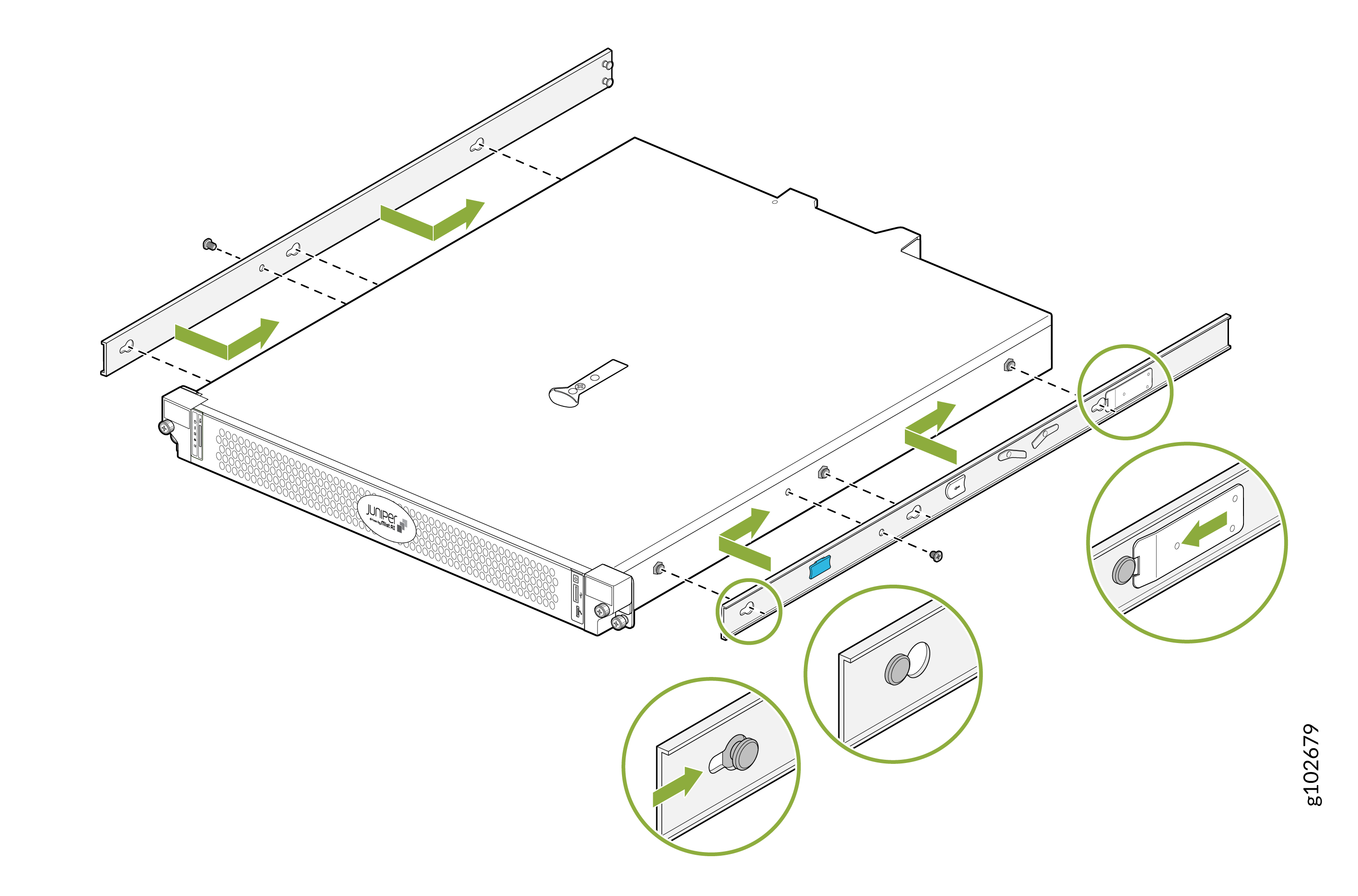 Installing a Juniper Networks appliance in a server rack with green arrows showing rail alignment and magnified details of locking mechanisms and screw placements.