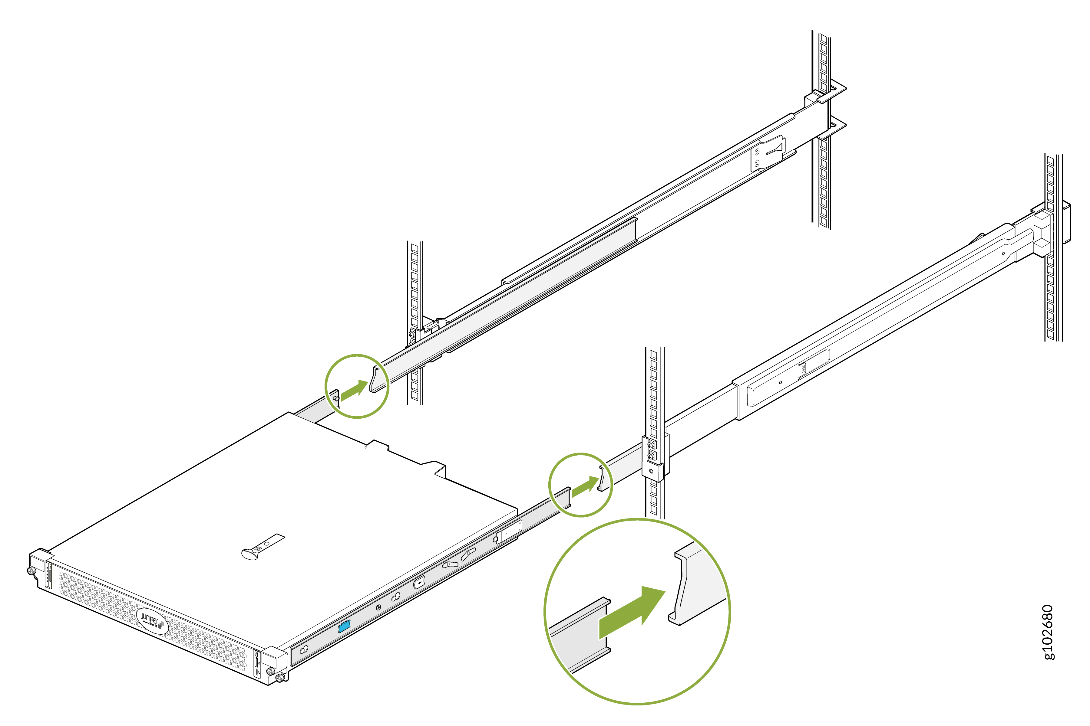 Server being installed into rack on sliding rails with green circles highlighting attachment clips for securing.