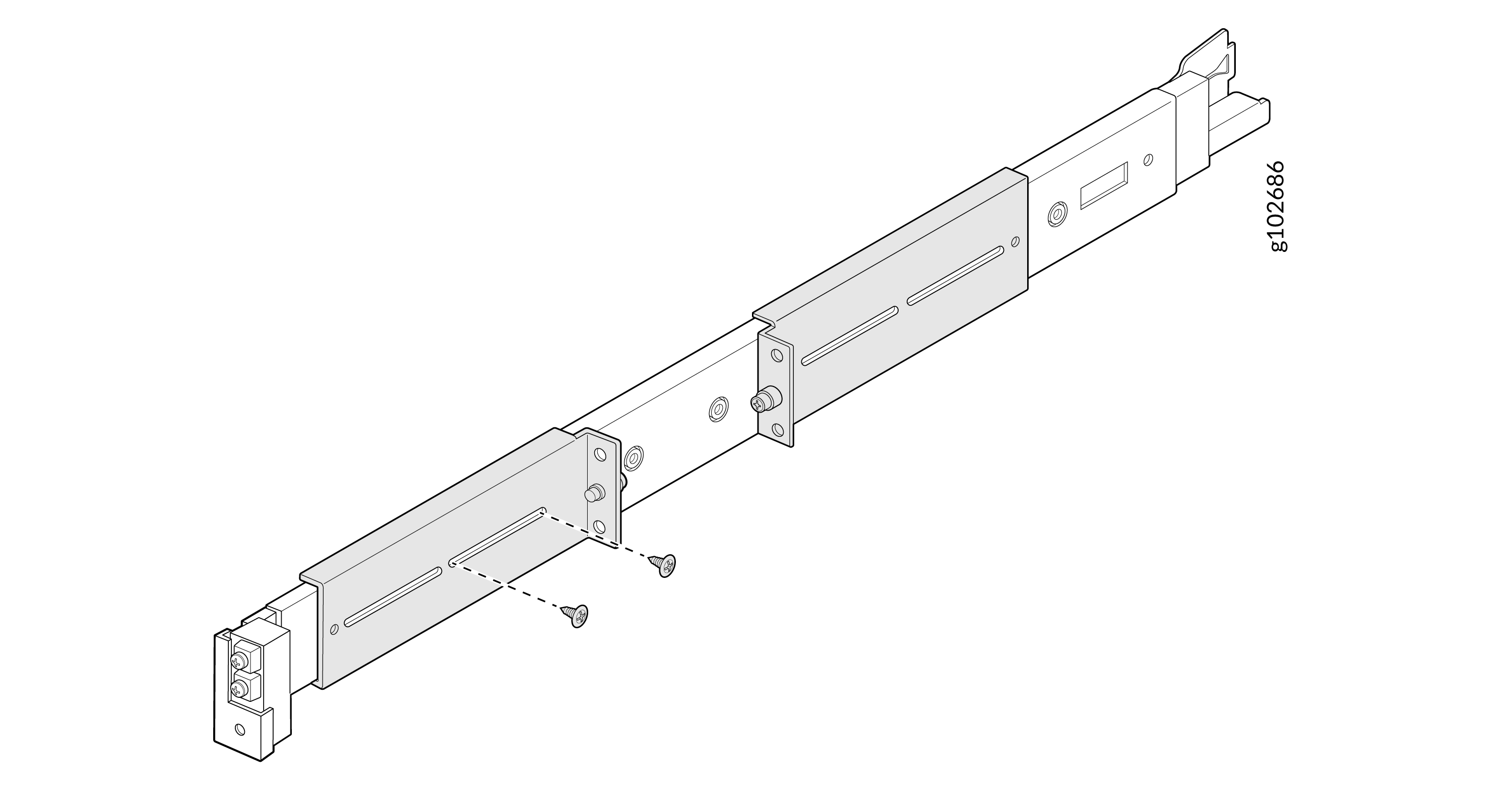 Technical diagram of a sliding rail assembly with metal brackets, screws, and adjustable slots, labeled part number g102686.