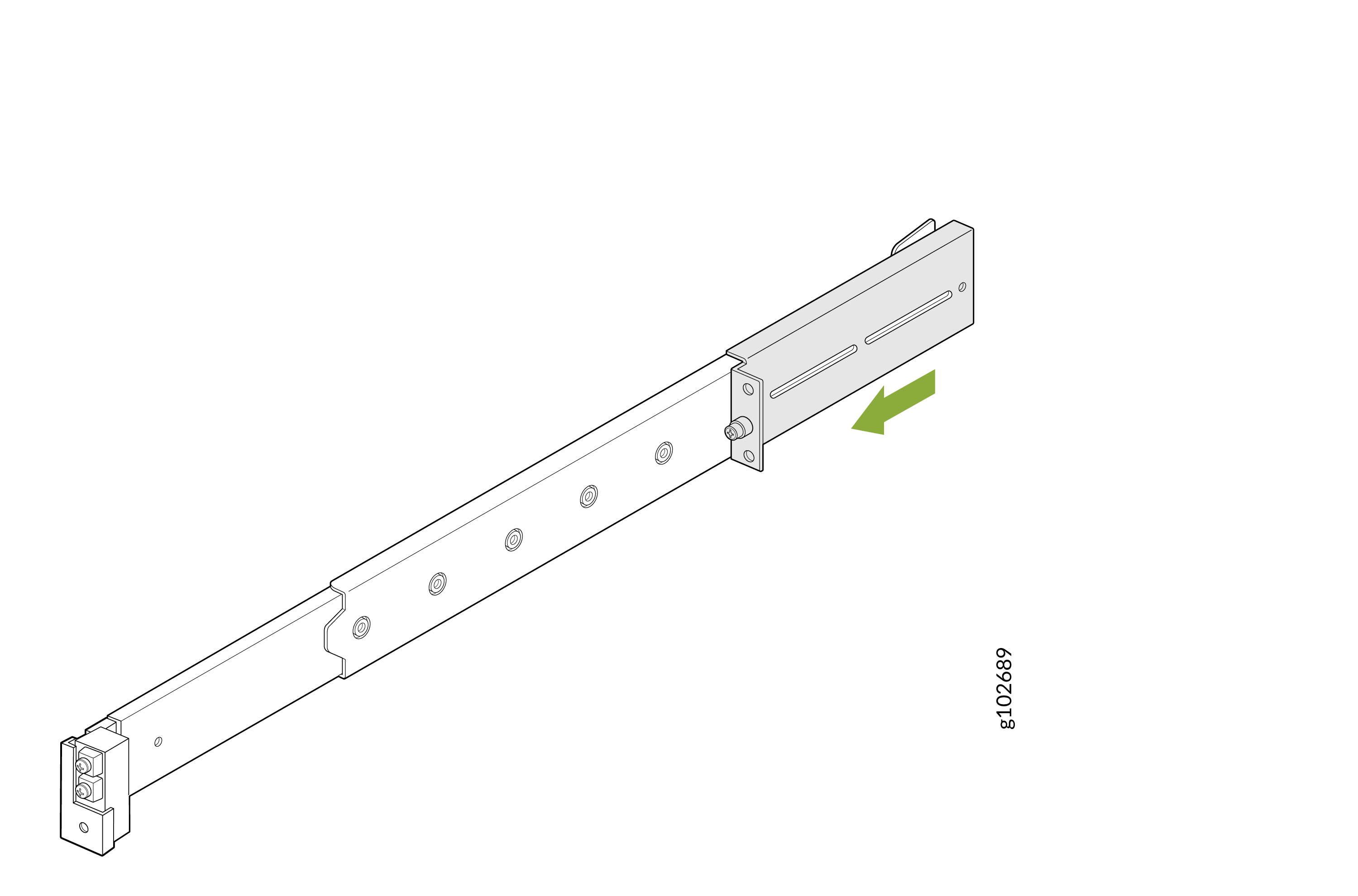 Sliding rail mechanism with green arrow indicating movement direction. Features mounting holes and slots, part of an extendable system.
