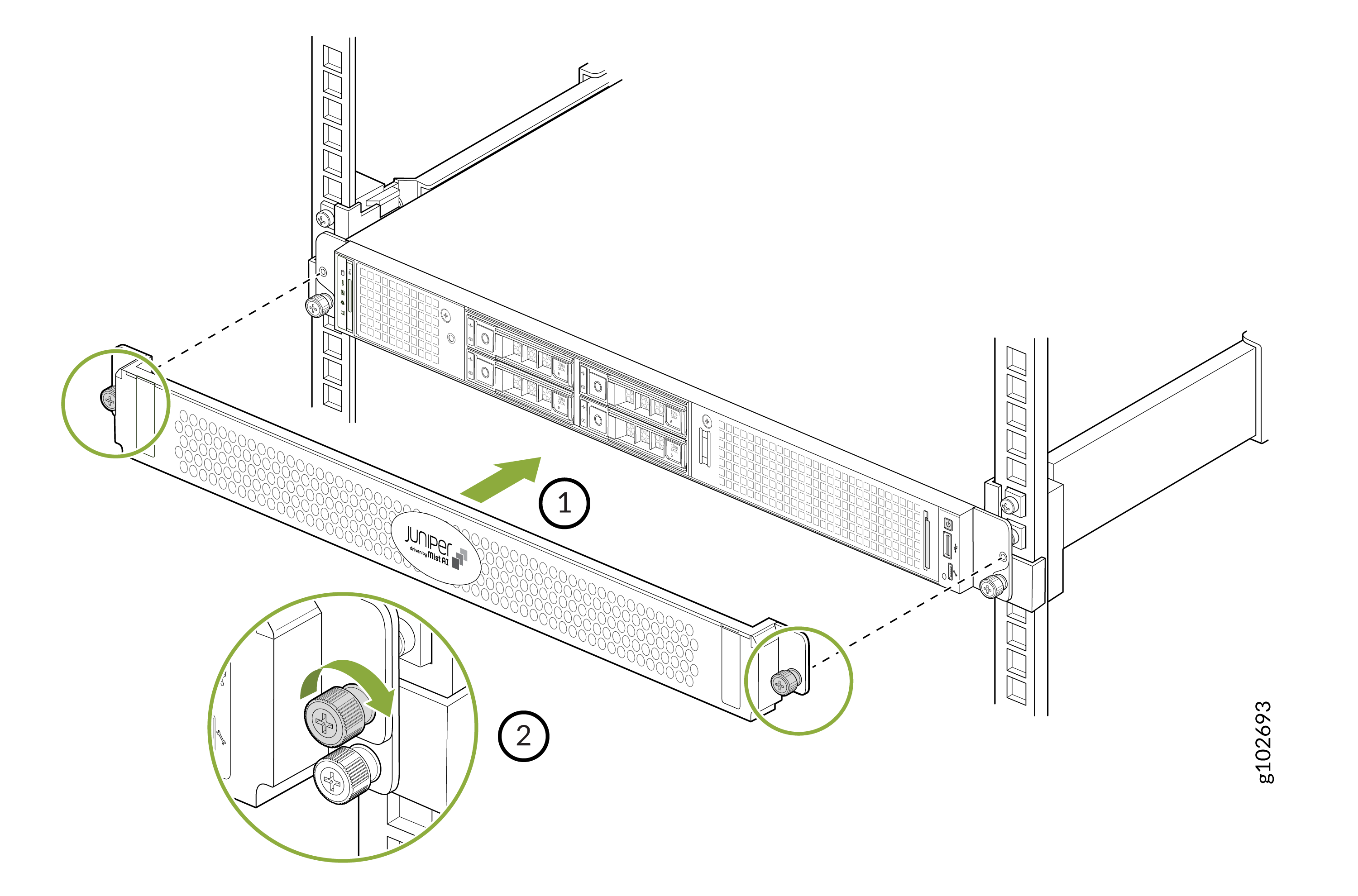 Illustration of installing or removing a front panel on a Juniper Networks rack-mounted device with numbered steps showing direction and screws.