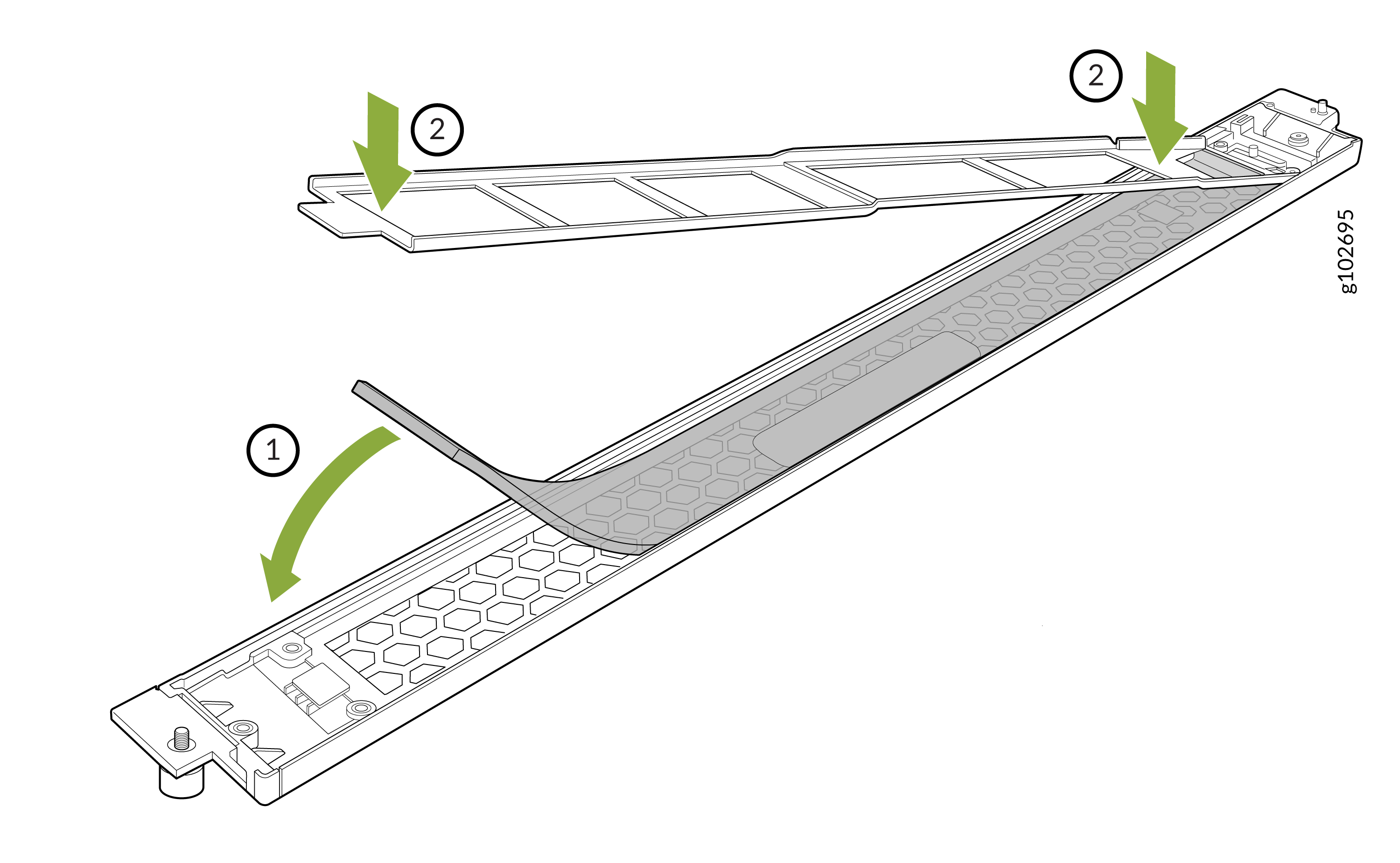 Assembly diagram of a ventilation component with honeycomb pattern showing step 1 folding a flexible strip and step 2 placing a cover.