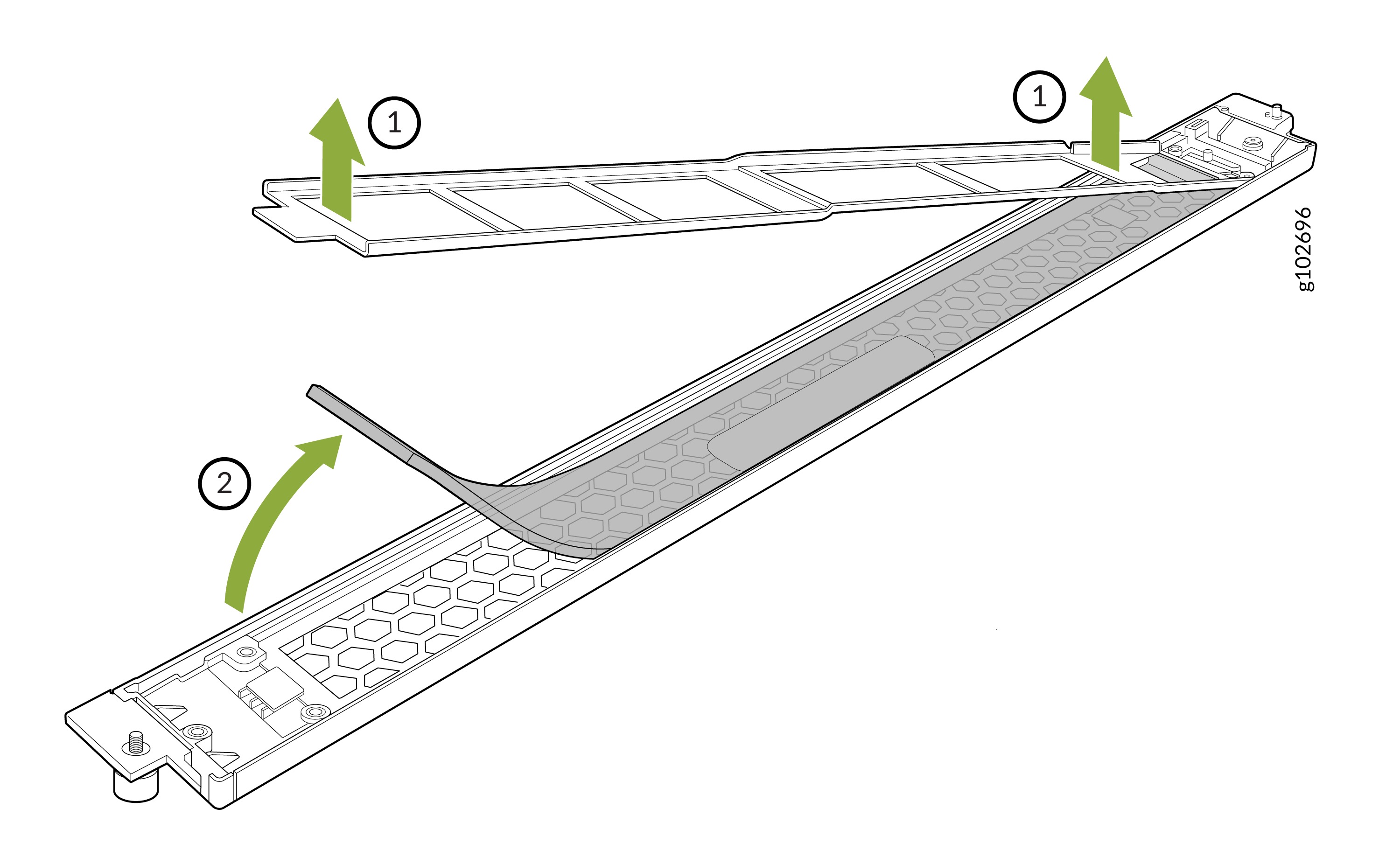 Instructional diagram showing steps to remove or install a filter. Step 1: Lift cover upwards. Step 2: Remove filter from base.