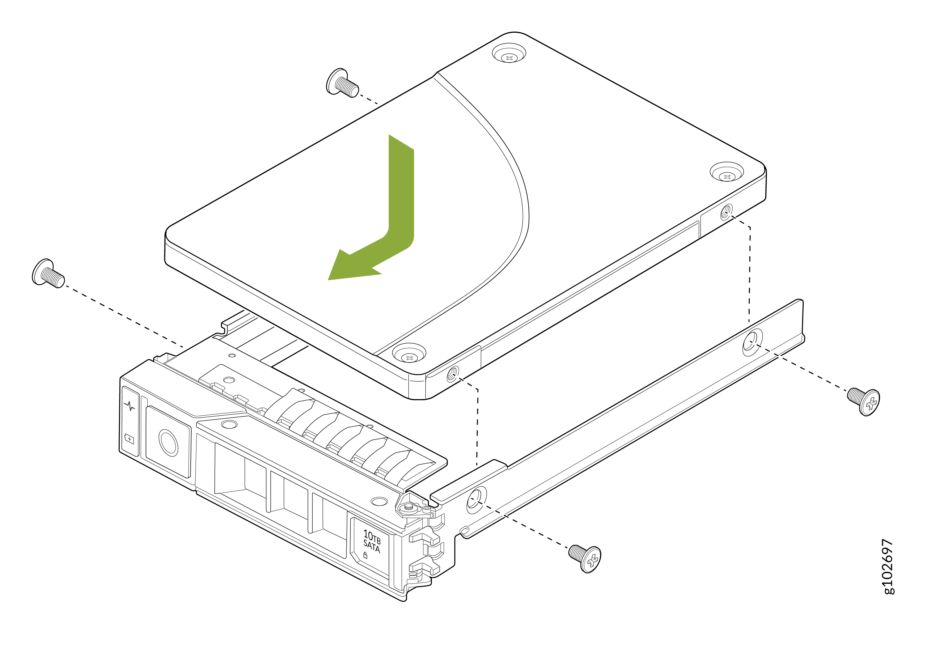 Installing a 10TB SATA hard drive into a tray with screws and a green arrow indicating alignment direction.