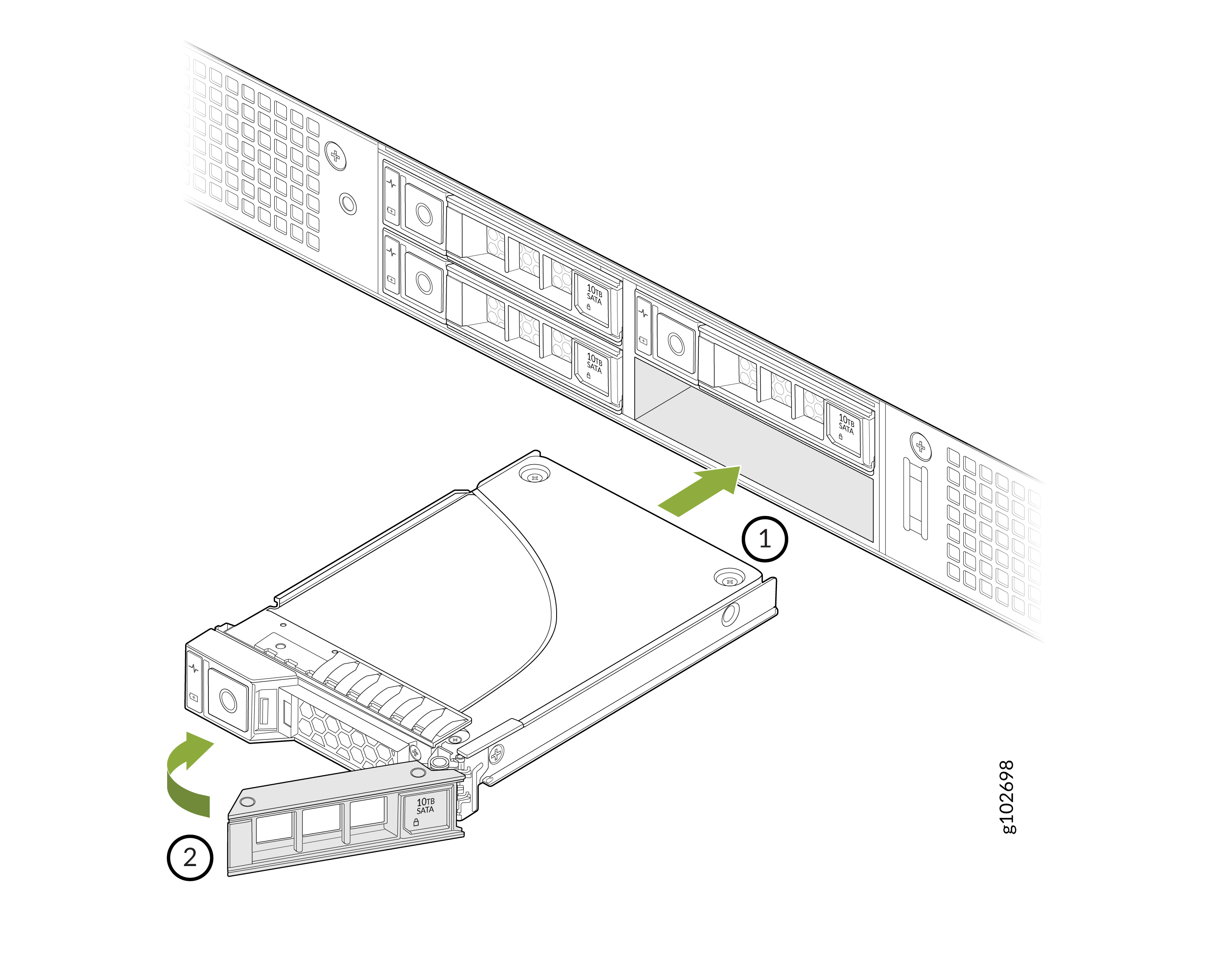 Installing or removing a 10TB SATA hard drive in a server. Step 1: Align drive with bay. Step 2: Open or close latch to secure.