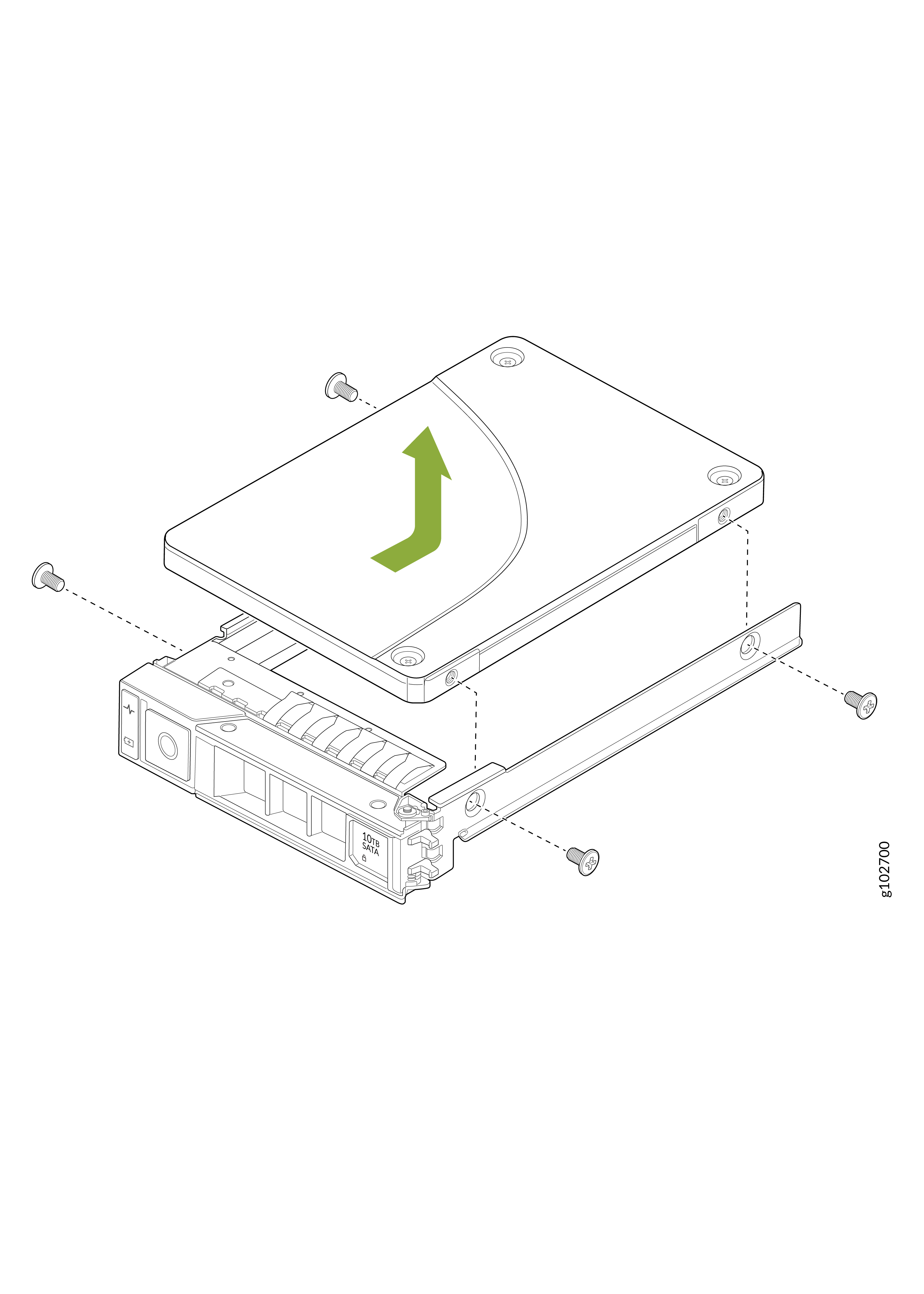Exploded diagram showing hard drive installation in a tray; green arrow indicates lifting direction; includes screws and brackets.