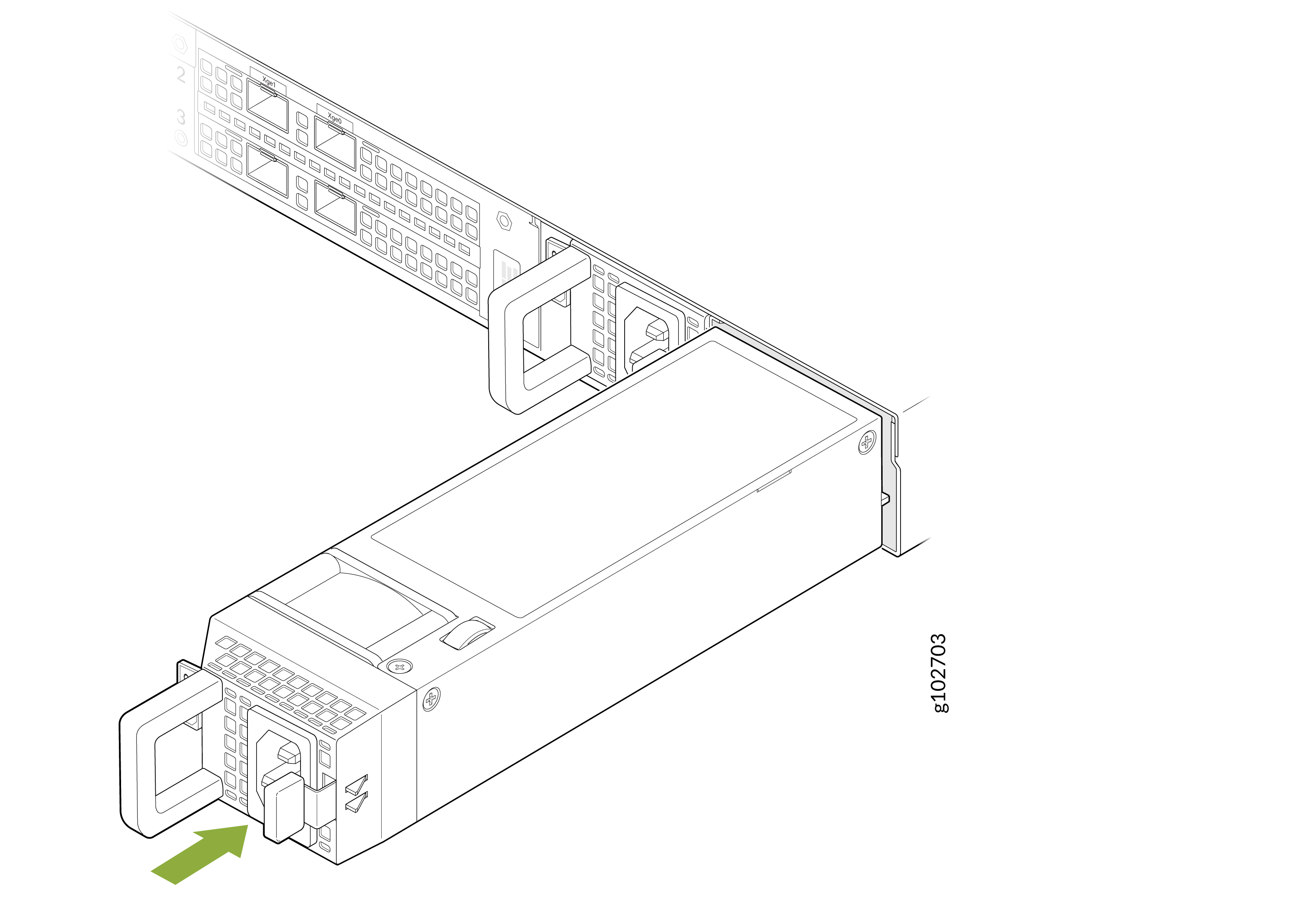 Power supply unit being inserted or removed from server rack with green arrow indicating direction. Hot-swappable design.