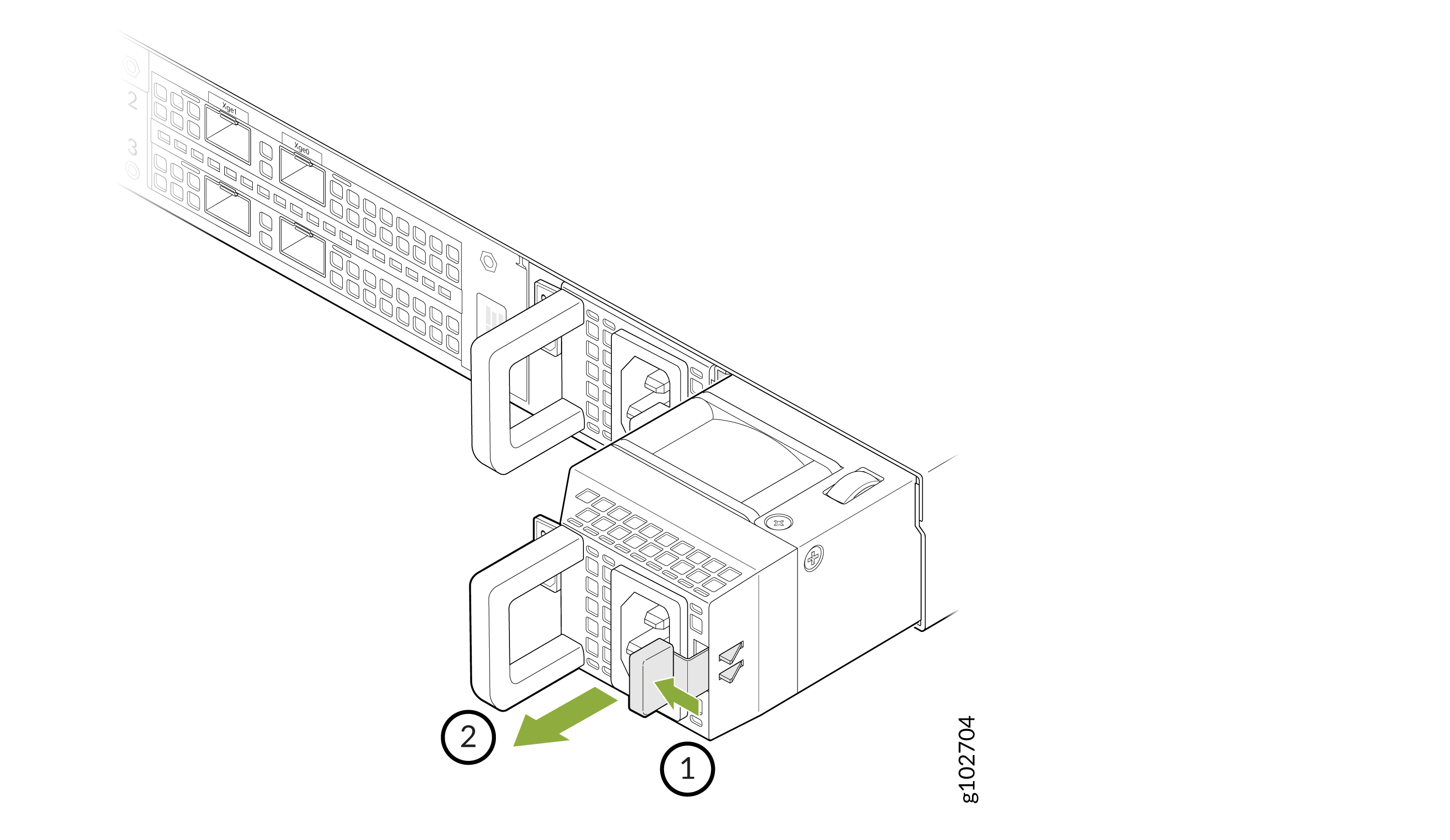 Technical illustration showing component removal or installation in server; two handles with arrows and numbered steps for sequence.