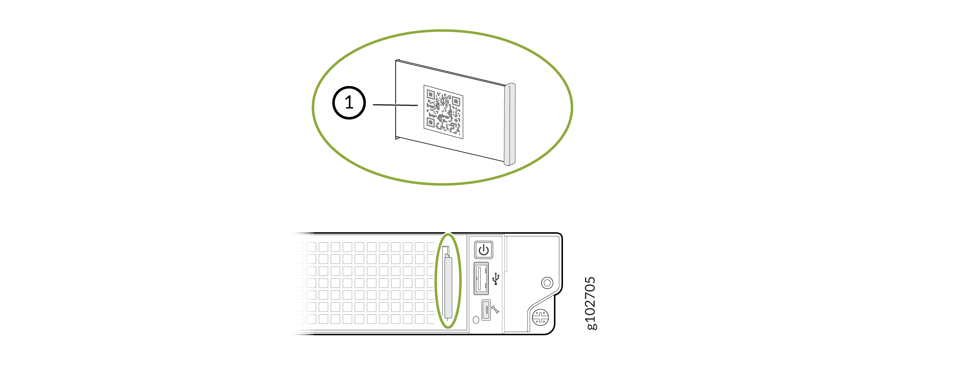 Illustration showing QR code location on a device; on a card at the top and near ports at the bottom.