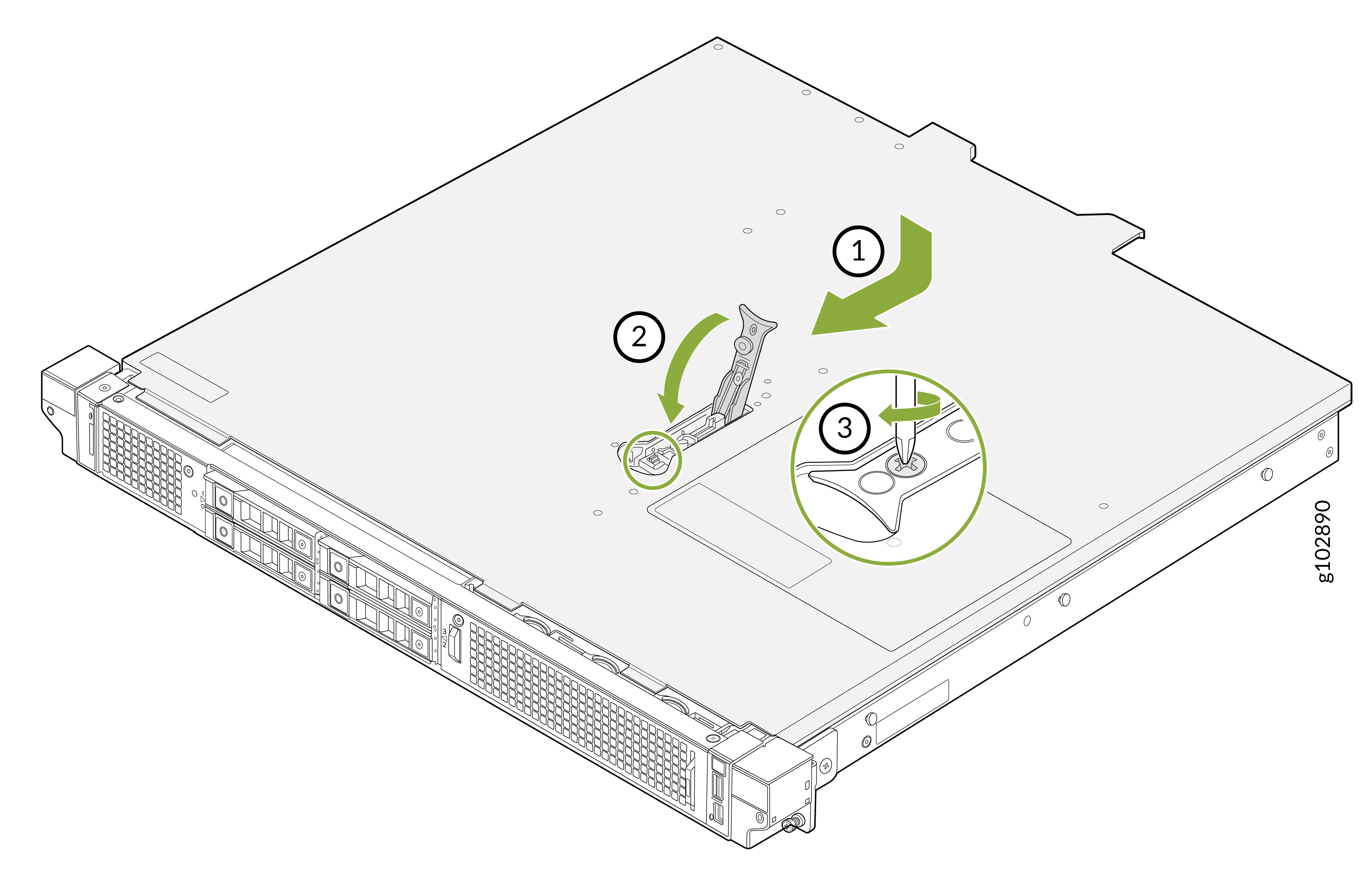 Rack-mounted server installation guide showing step-by-step: 1. Move component. 2. Secure component. 3. Tighten screw.