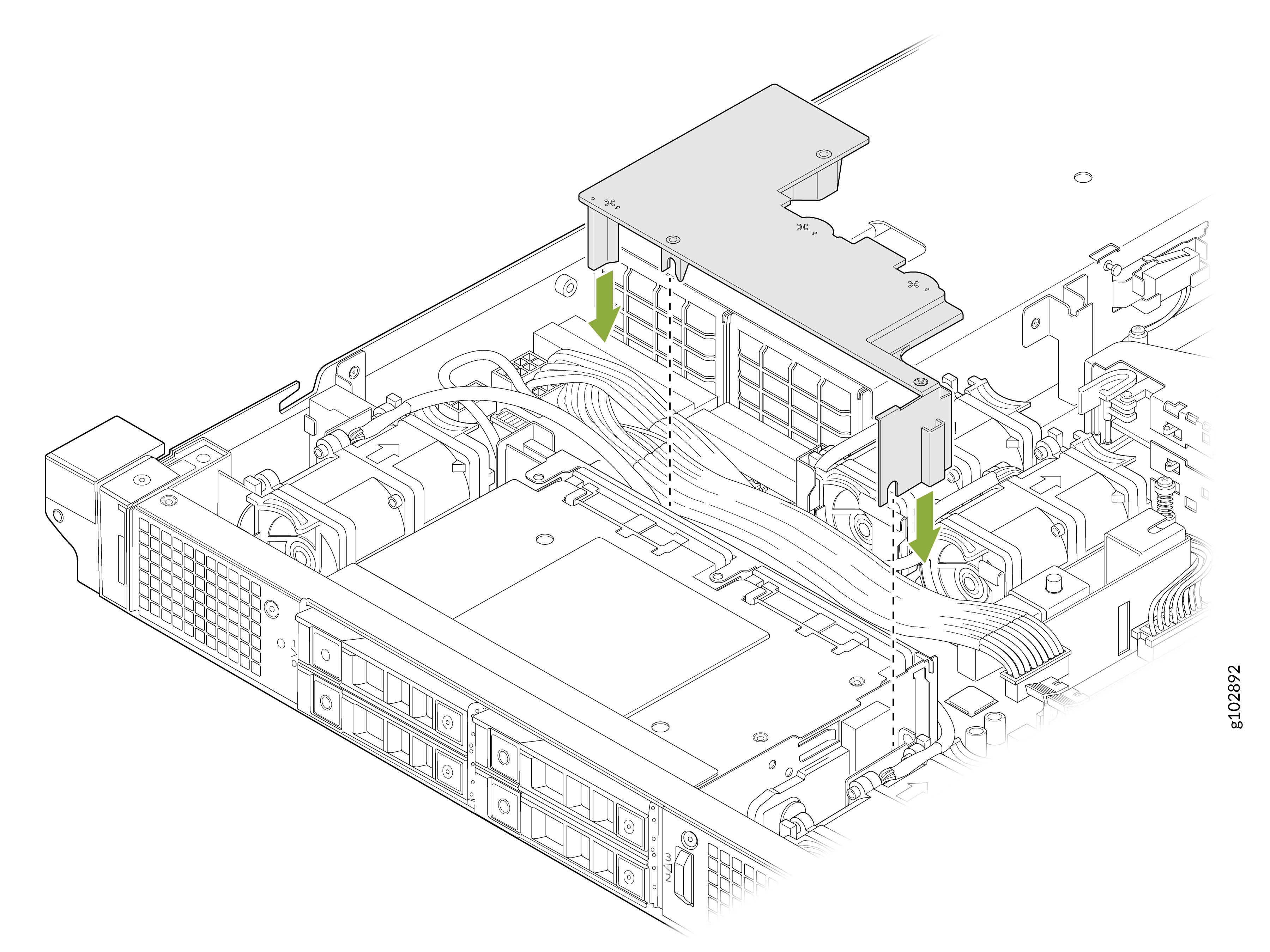 Technical illustration of server's internal components with green arrows showing fan assembly installation or removal for maintenance.
