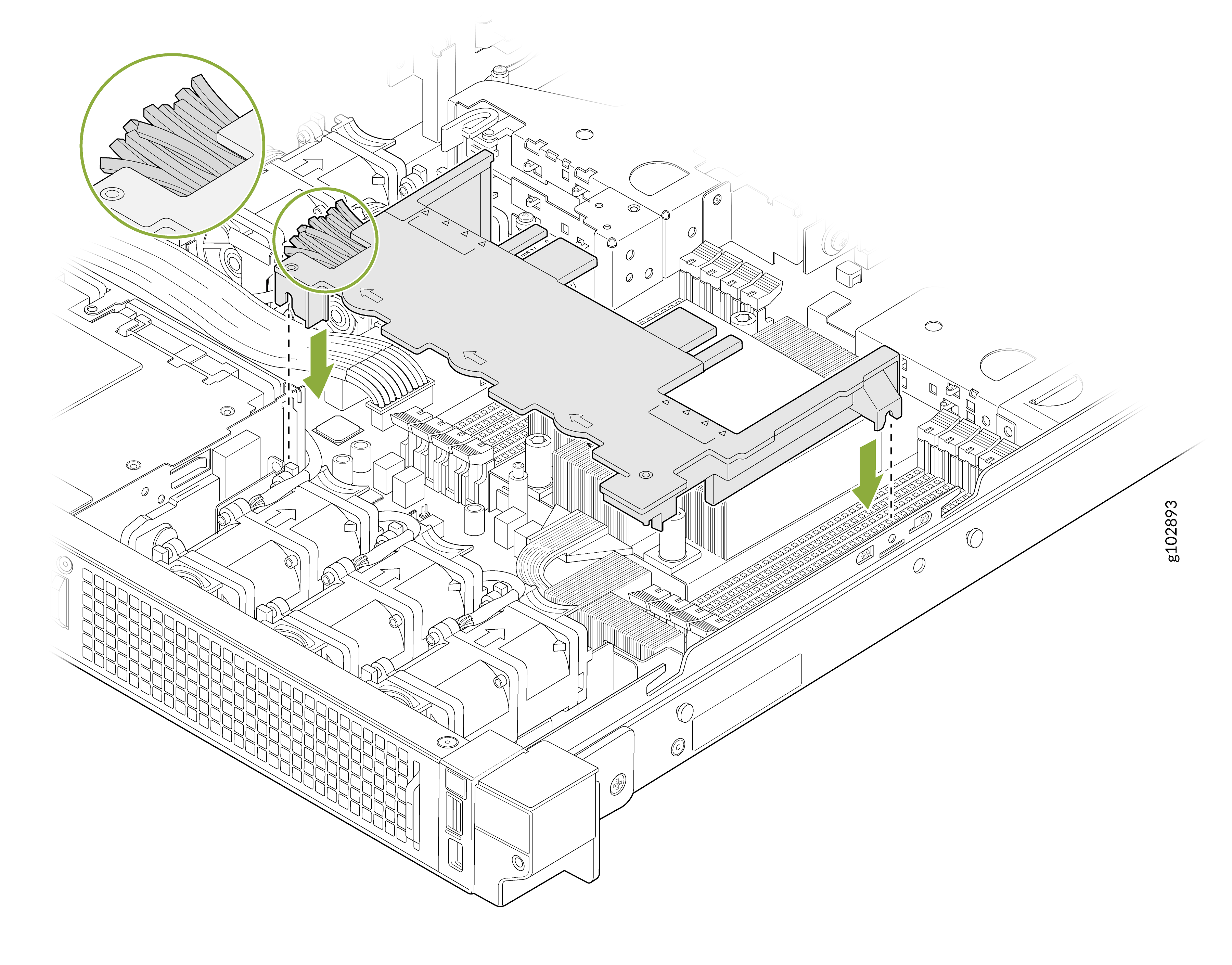 Installing a heatsink or airflow guide into a server chassis with green arrows showing alignment direction.