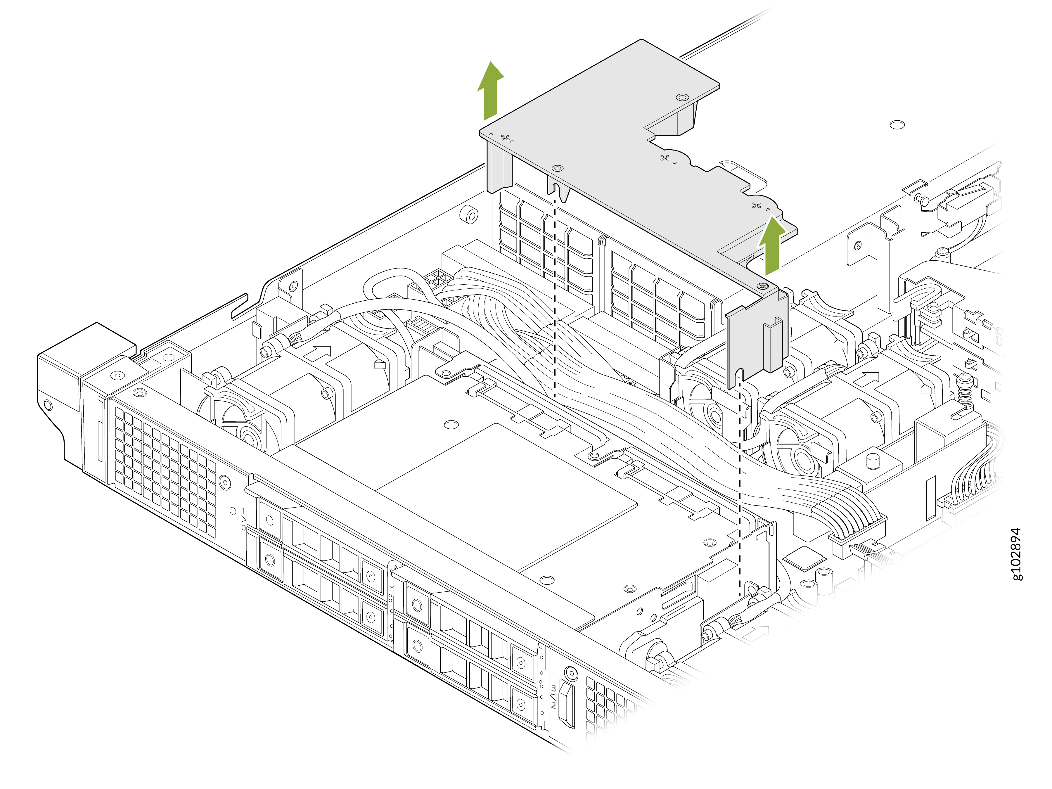 Technical illustration of server components showing hard drive bays, cooling fans, and cables. Green arrows indicate the removal of a cover for maintenance.