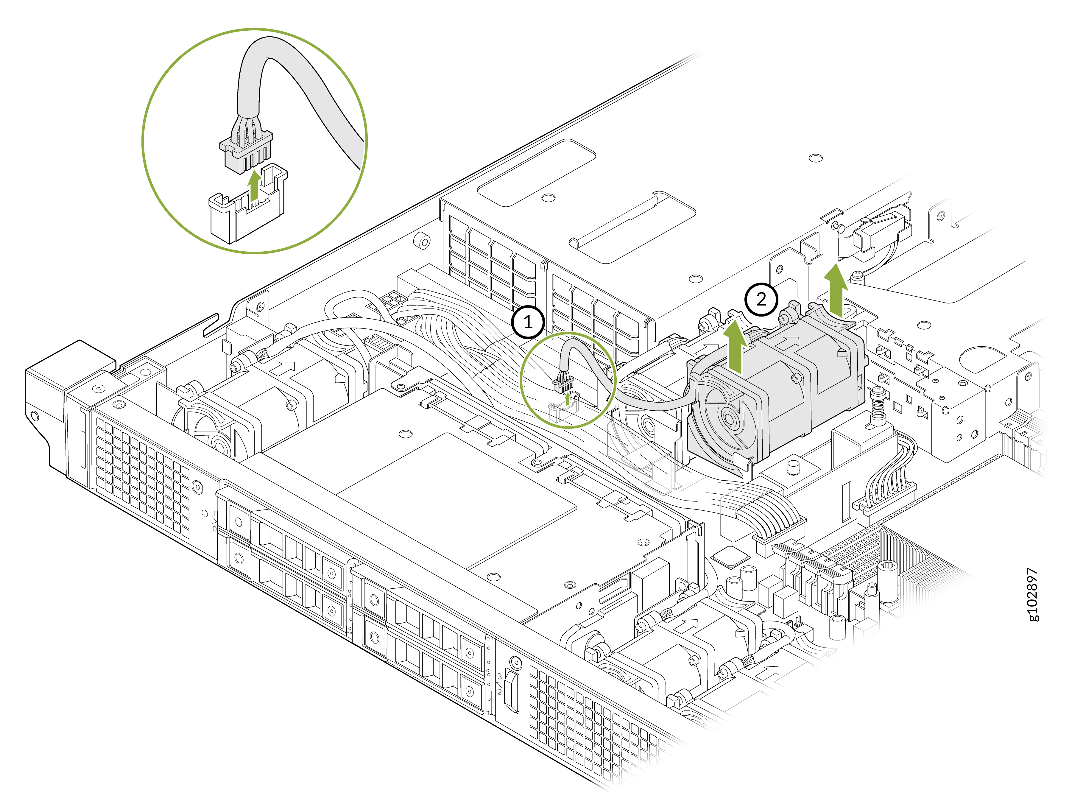 Technical illustration of server fan module removal or installation process showing fan module, power connector, and directional arrows.