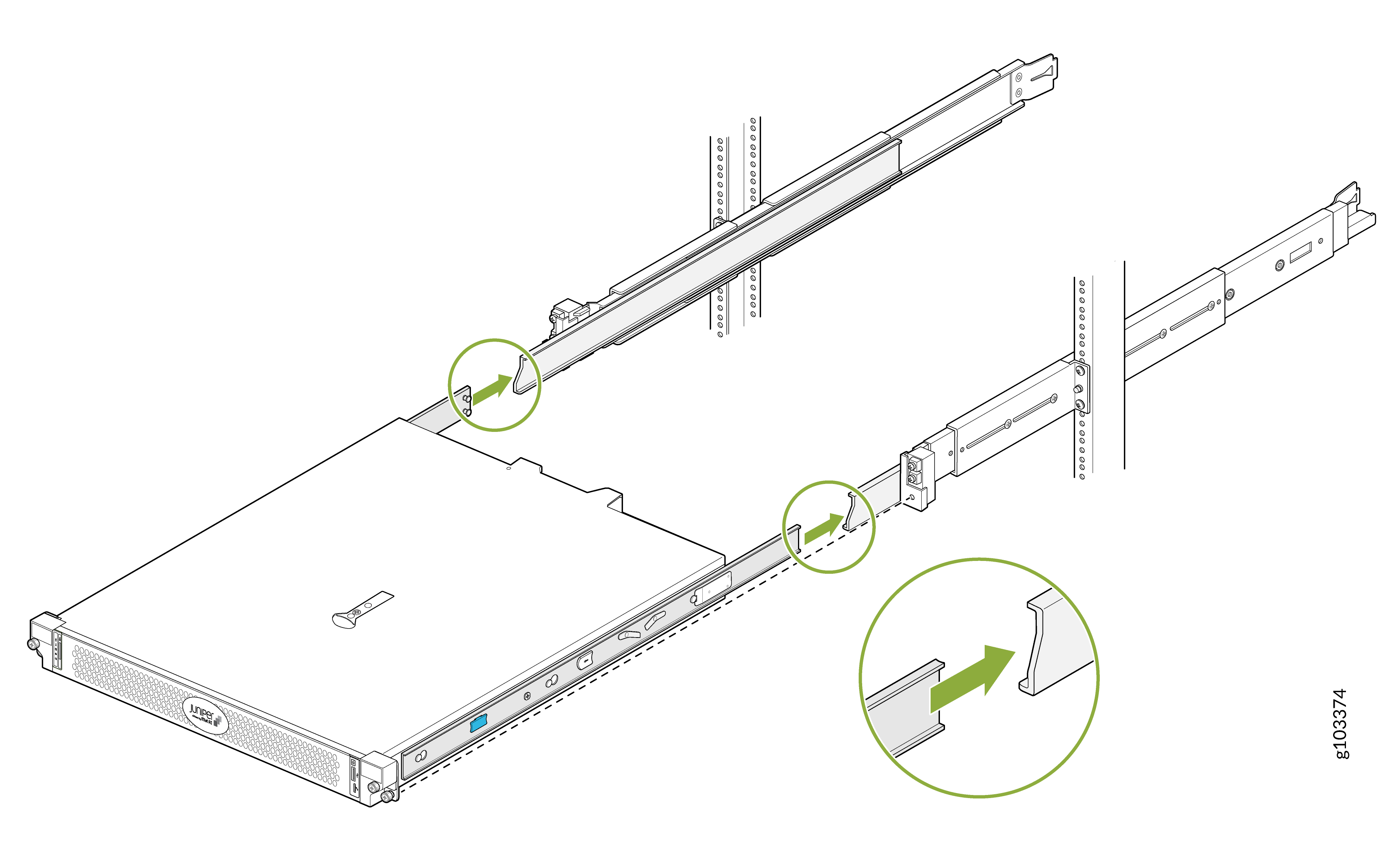 Installing a rack-mounted server with sliding rails and brackets, showing steps with green arrows and highlighted components.