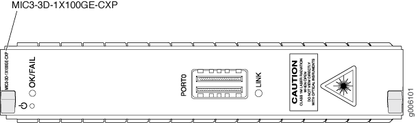Technical drawing of MPO-91-1x100G-CWDM4 fiber optic transceiver module with optical and electrical ports, and laser safety warning.