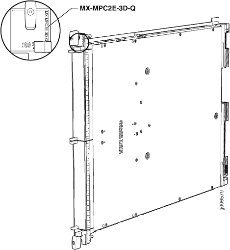 Technical drawing of network module MX-MPC2E-3D-Q, highlighting specific area for model identification.
