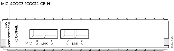 Modular Interface Card MIC-4COC3-1COC12-CE-H for Juniper Networks routers supporting OC3 and OC12 interfaces with ports labeled 0 to 3 and status indicators for LINK and OK/FAIL.