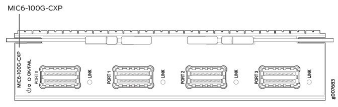 Network interface card labeled MIC6-100G-CXP with four ports, each having a LINK indicator.