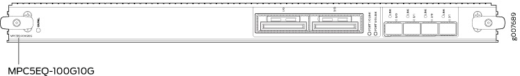 Line card module MPC5EQ-100G10G with two 100G ports, four 10G ports, status LEDs, and handles for high-performance networking.