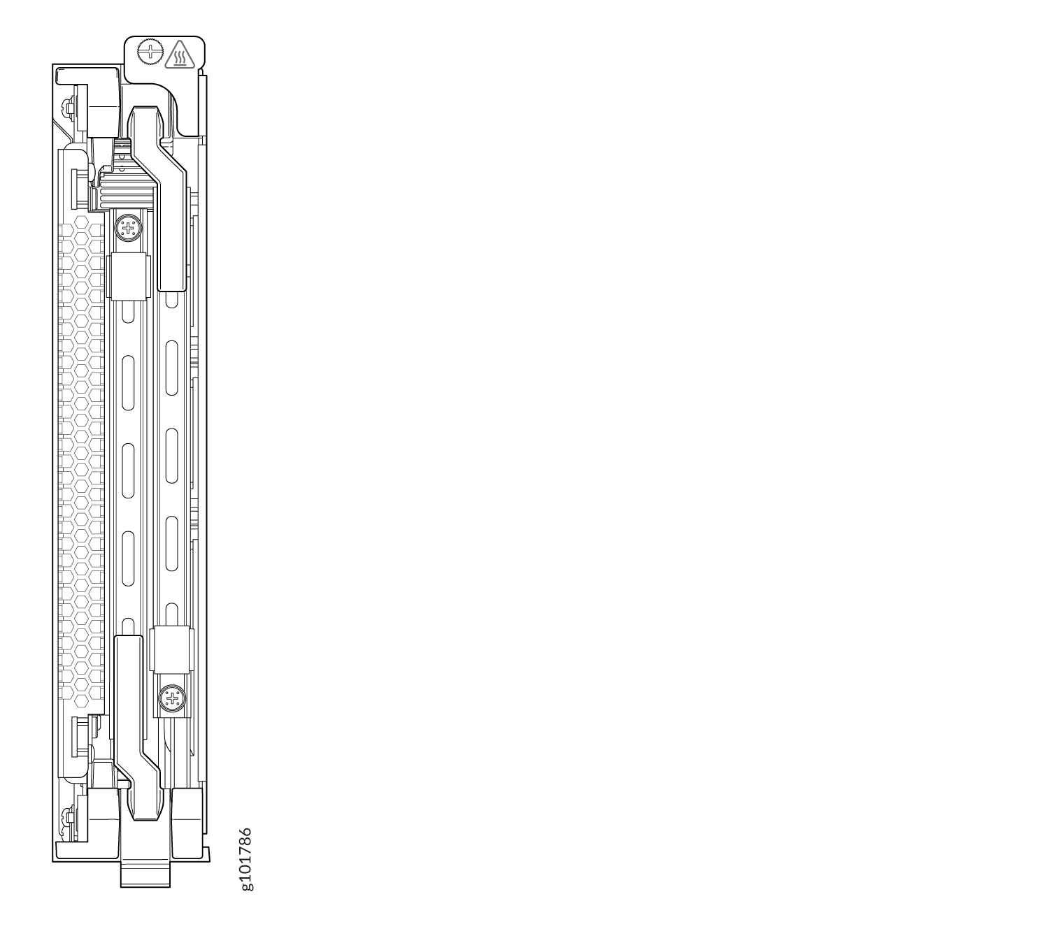 Technical drawing of a component with screws, brackets, and honeycomb structure, indicating airflow or reinforcement. Warning symbol for heat or electrical hazards.