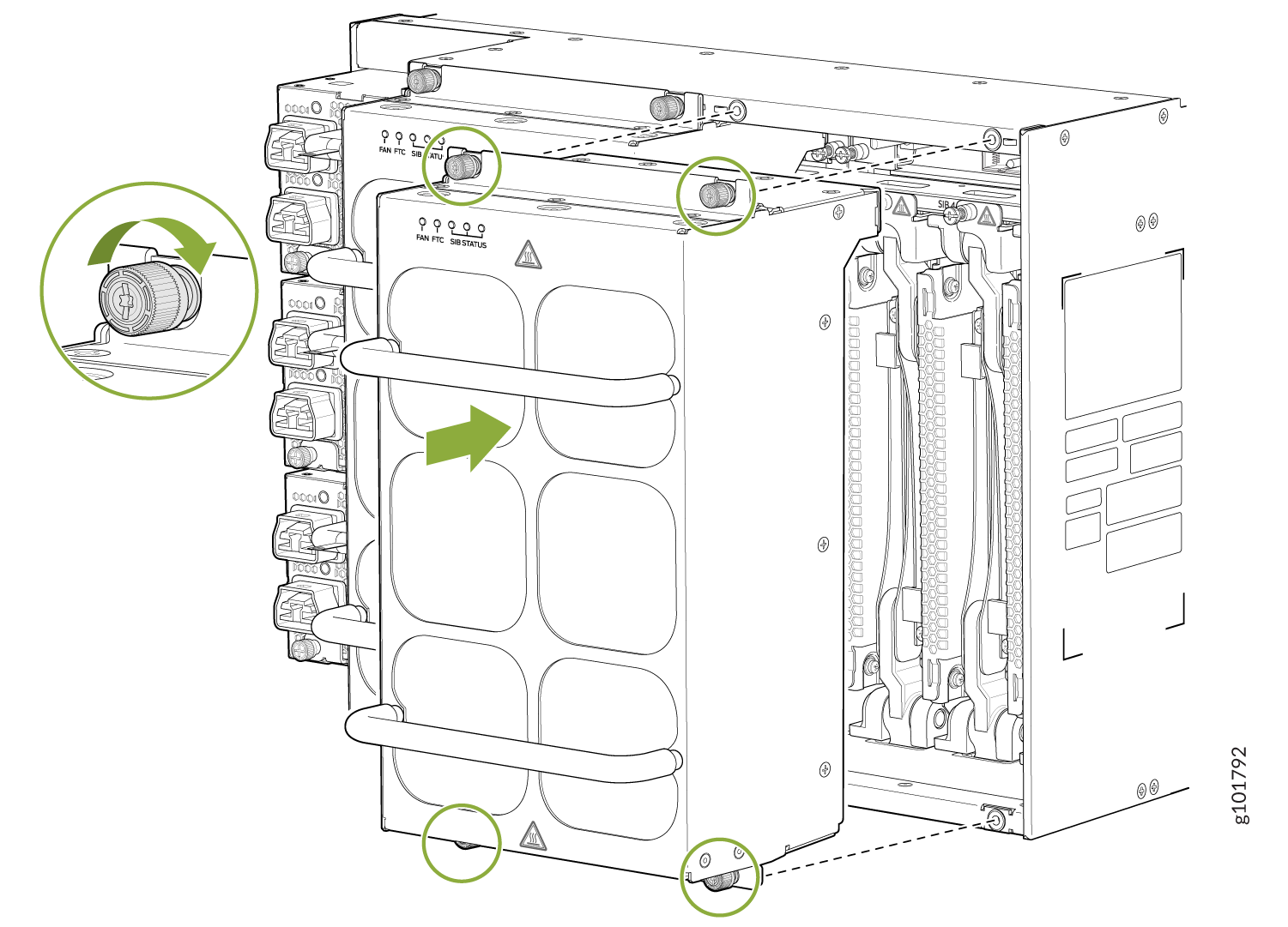 Modular electronic system diagram showing component removal with arrows indicating direction. Green circles highlight screws or connectors. Inset shows screw being turned.