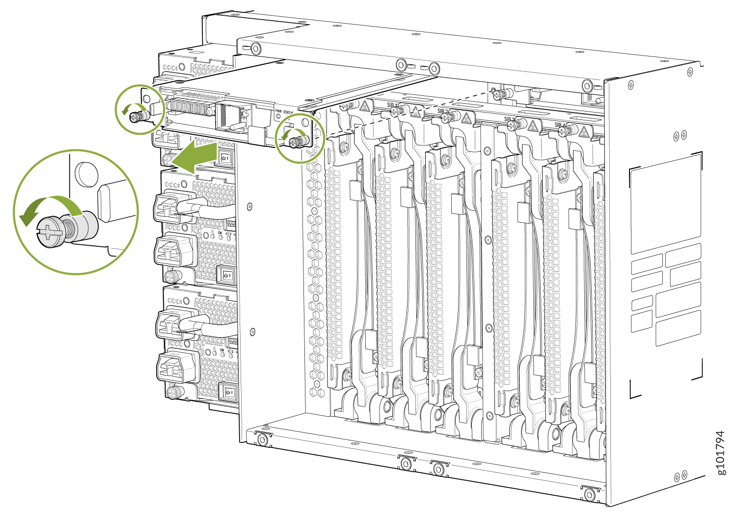 Technical illustration of server chassis front view with slots for power supplies and network modules, includes arrows and screw mechanism instructions.