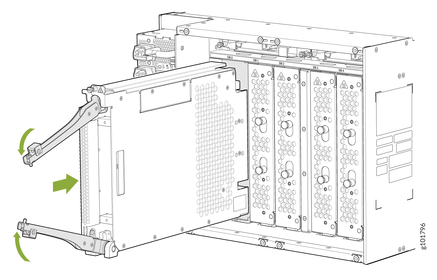 Modular hardware system showing the process of installing a module into a chassis with green arrows indicating movement direction.