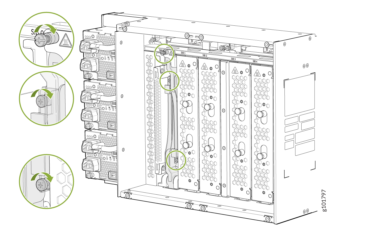 Technical illustration of a server chassis with multiple slots for network interface cards. Arrows show direction to turn fasteners.