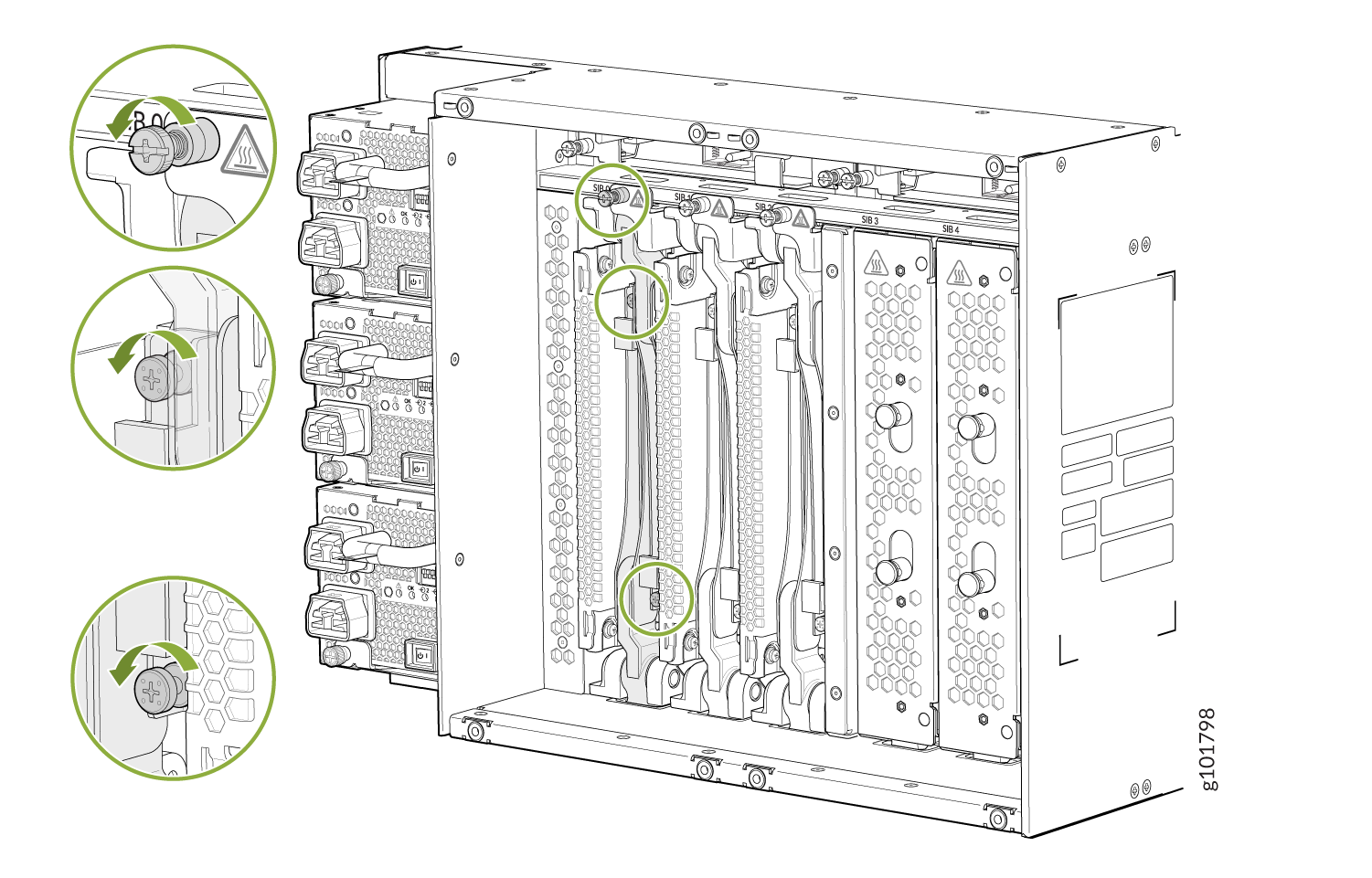 Technical illustration of a network equipment chassis with highlighted steps for loosening or tightening screws.