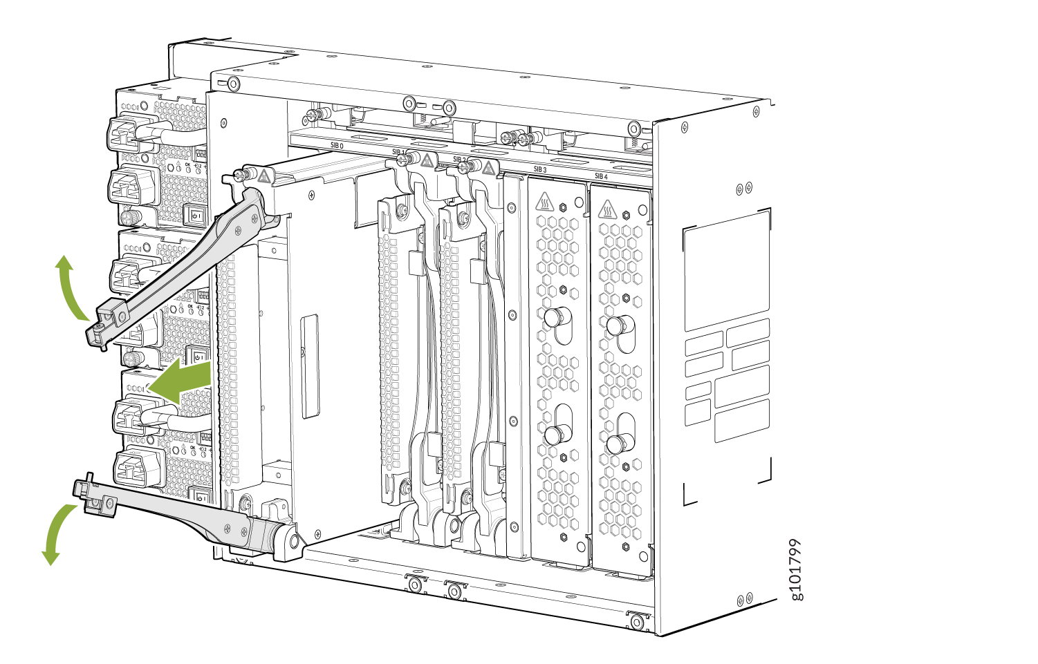 Technical diagram of a modular hardware system with removable components like line cards. Green arrows show lever movement for inserting or removing modules.