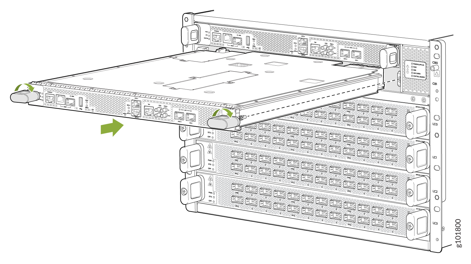 Installing or removing a network module from a rack-mounted chassis with arrows showing movement and rotation directions.