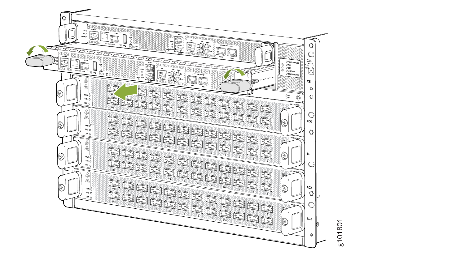 Rack-mounted modular switch or router system with stacked modules, network ports, antennas for wireless connectivity, and green arrows indicating actions.