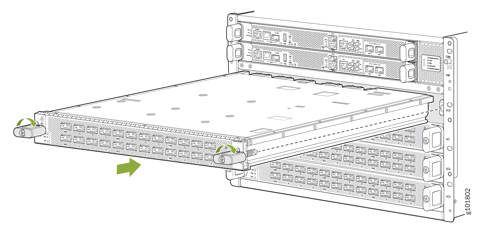 Installing or removing a network switch module from a rack-mounted chassis using latches and handles.