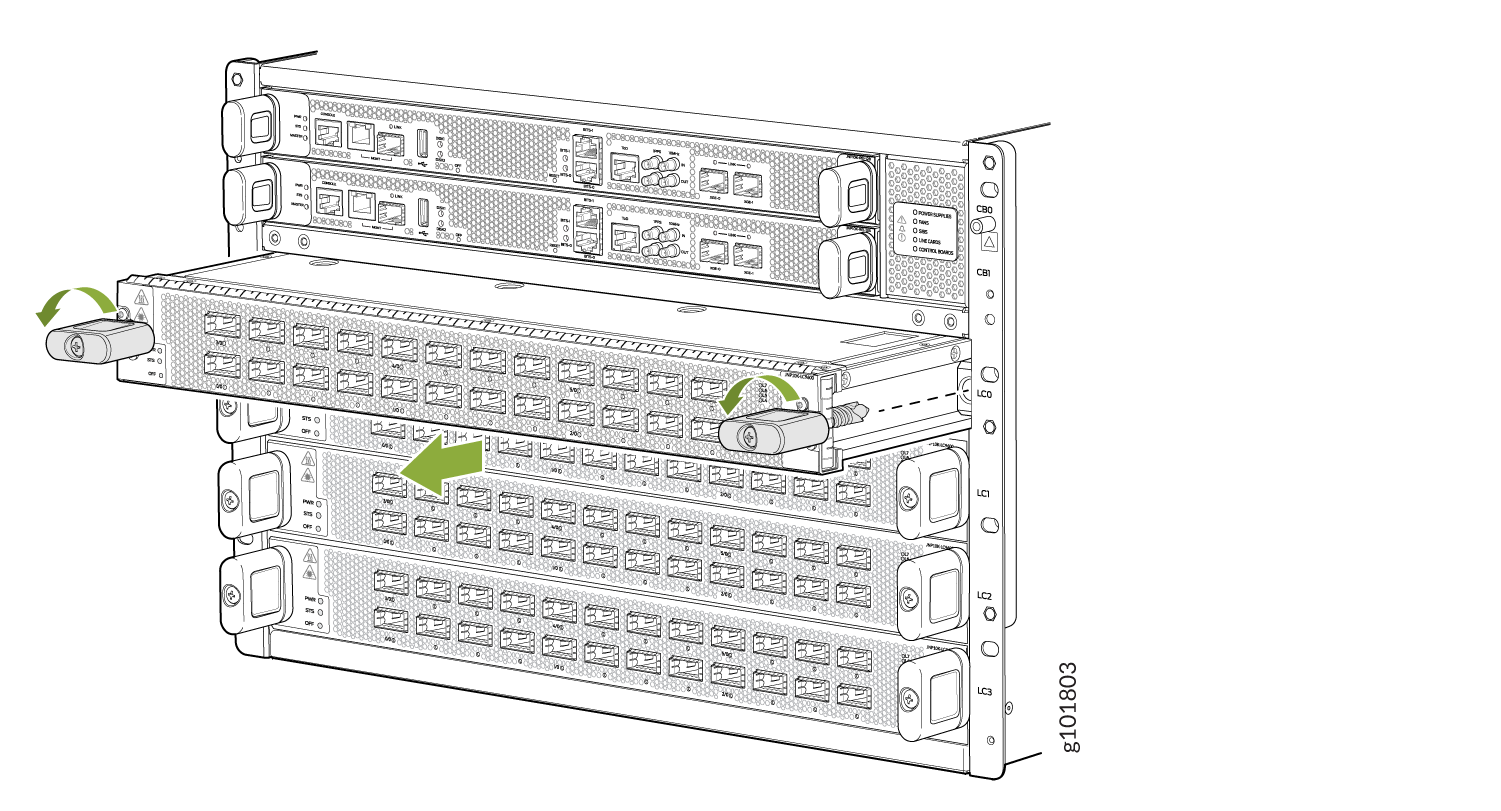 Modular chassis system with a highlighted module being inserted or removed, indicated by green arrows, and rotating locking mechanisms.
