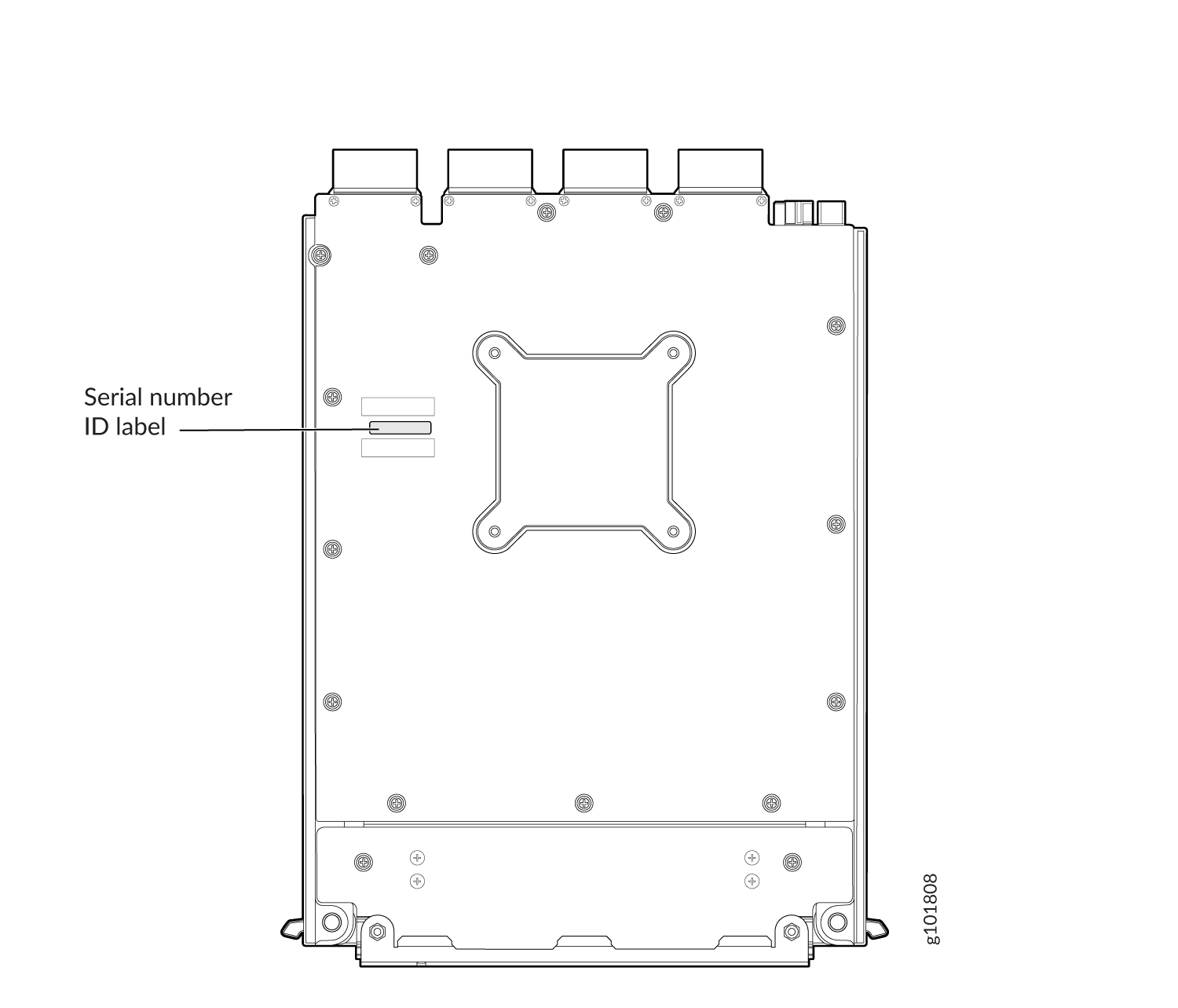 Technical diagram of electronic device with serial number ID label, showing mounting points, screws, and top electrical connectors for installation.