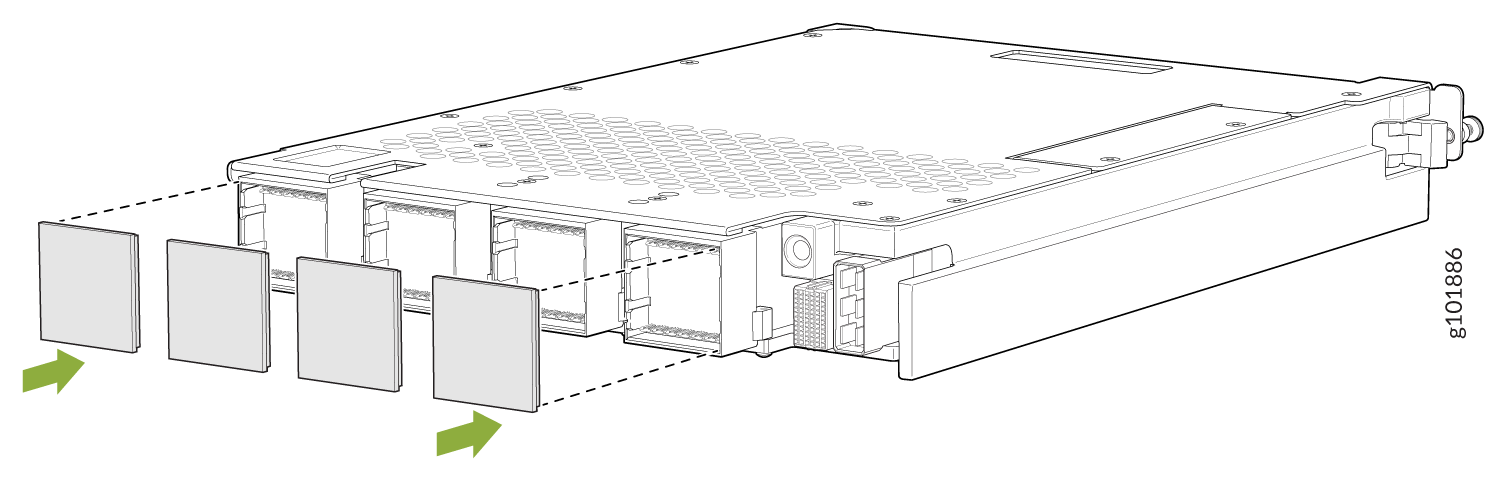 Technical illustration of a server component with arrows showing removal or insertion of blank panels in modular slots.