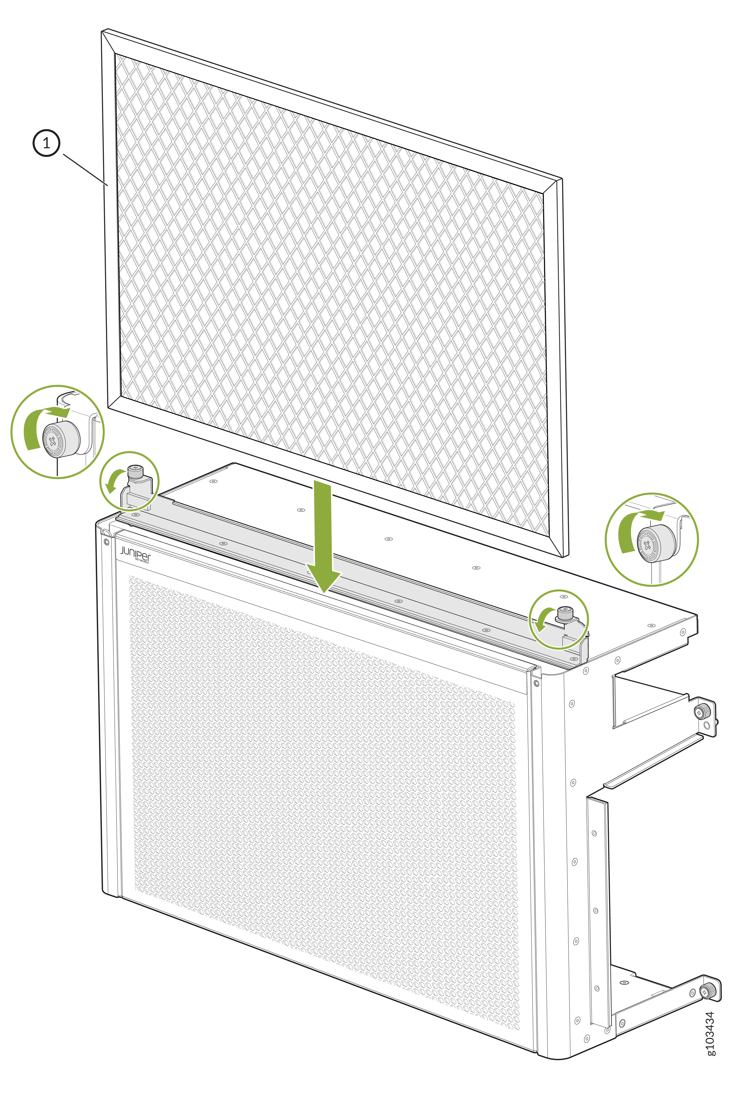 Installing or replacing a filter in a device, shown as item 1, with green arrows indicating insertion and rotation directions.