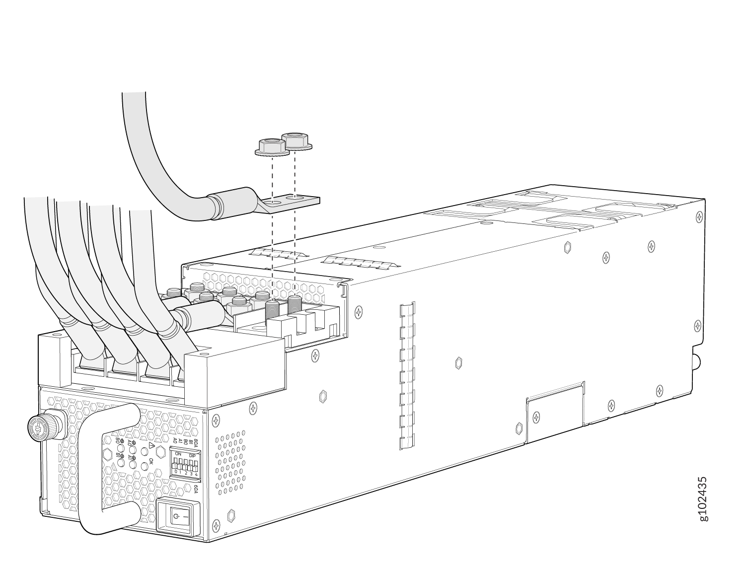 Connect the DC Power Source Cables to a JNP10K-PWR-DC2 Power Supply (INP-A0)