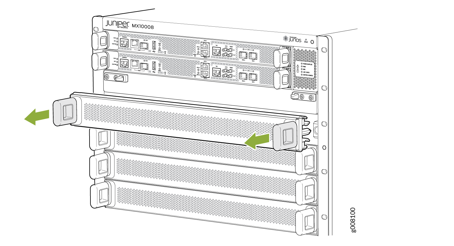 Juniper Networks MX10008 router with green arrows indicating the removal or insertion of a component, likely a fan tray.