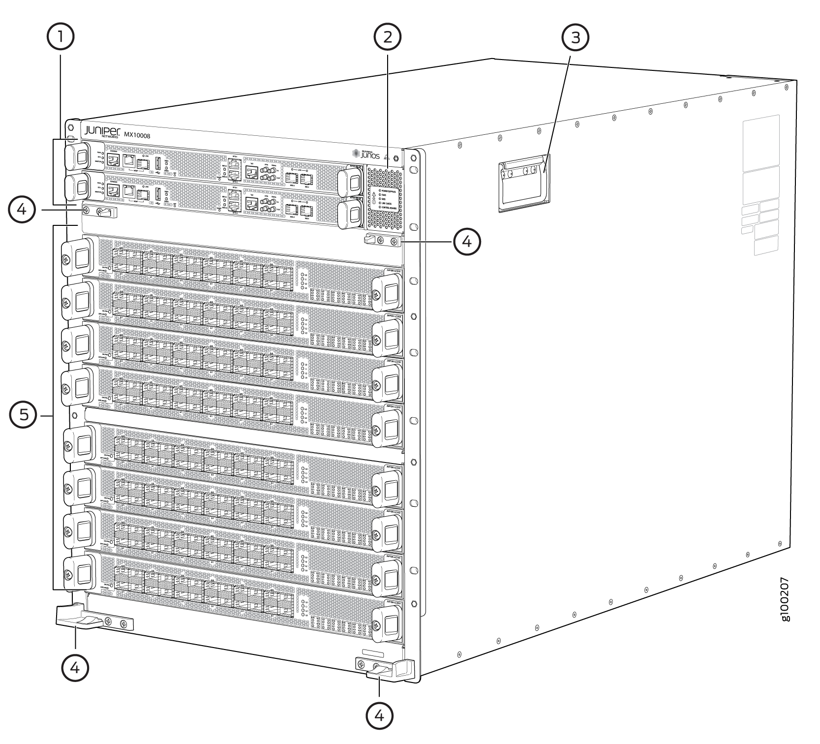 Juniper MX10008 router diagram showing chassis, routing engine, handle, line card slots, and fan tray components.